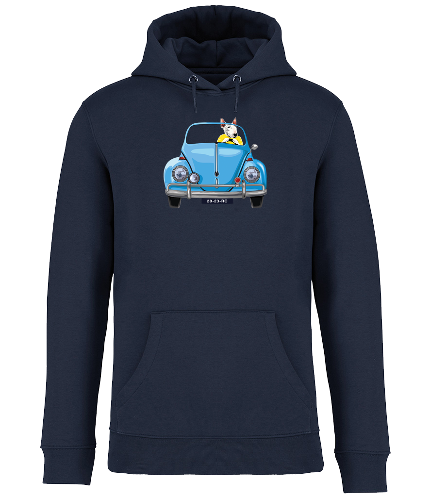 Navy Blue Hoodie printed with an English Bull Terrier Dog wearing a yellow top driving a Blue Beetle Car