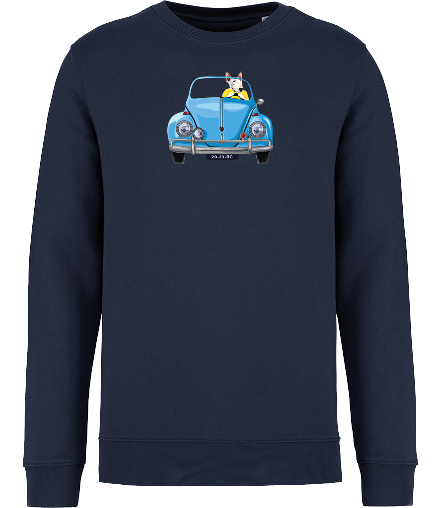 Navy Sweatshirt printed with an English Bull Terrier Dog wearing a yellow top driving a Blue Beetle Car