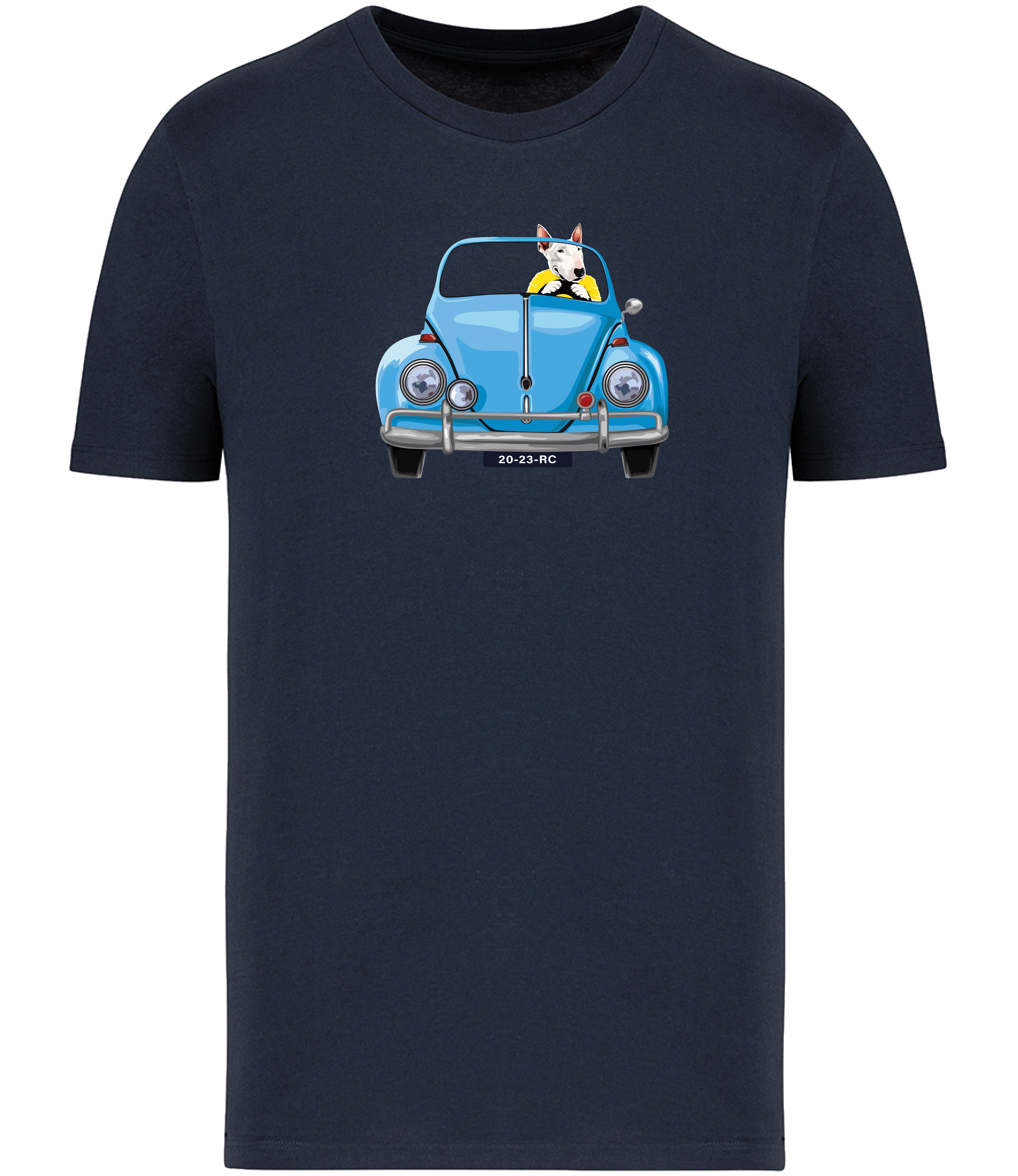 Navy Blue T-shirt printed with an English Bull Terrier Dog wearing a yellow top driving a Blue Beetle Car