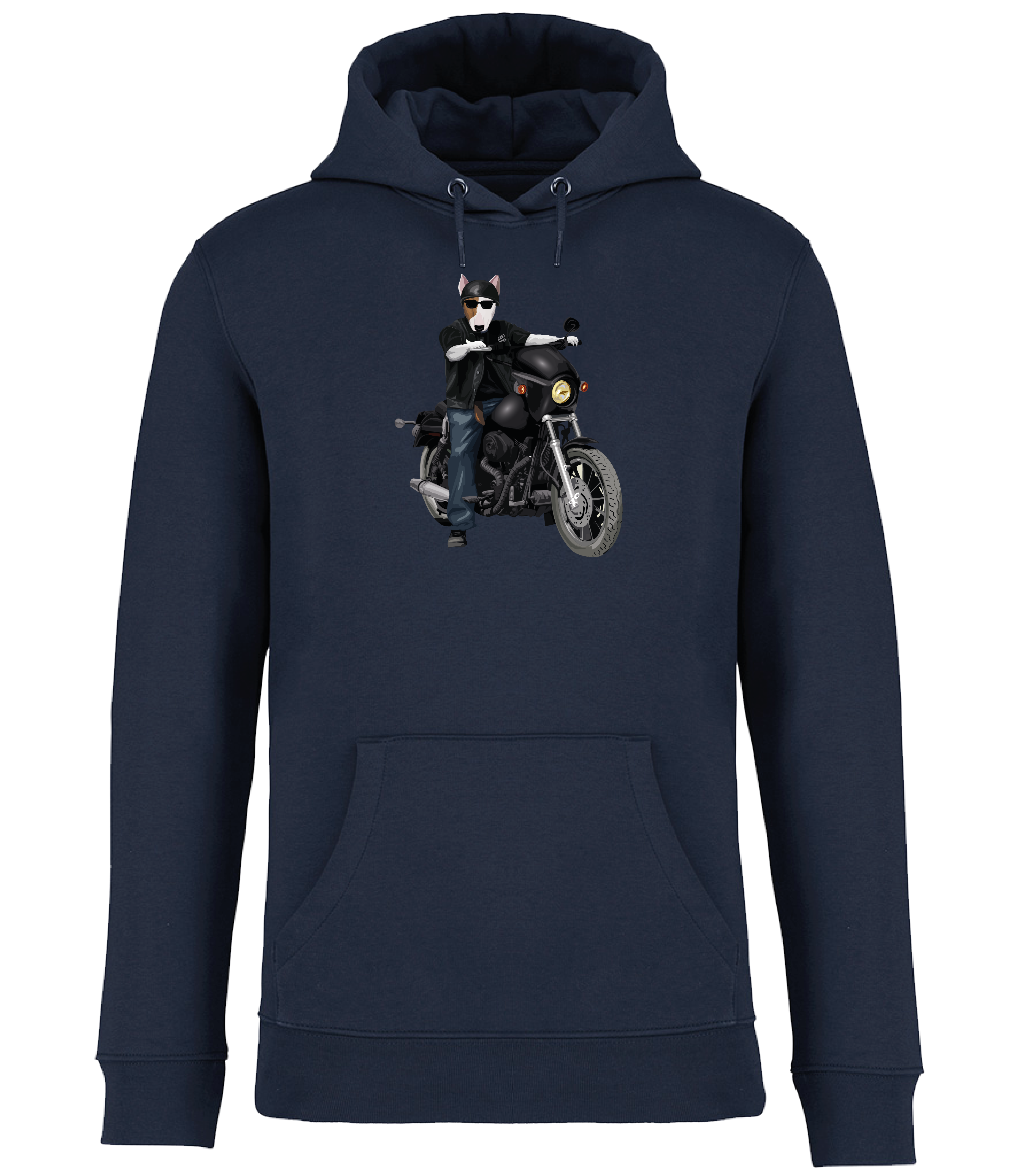 Navy Hoodie printed with an English Bull Terrier Dog riding a motorbike wearing a helmet