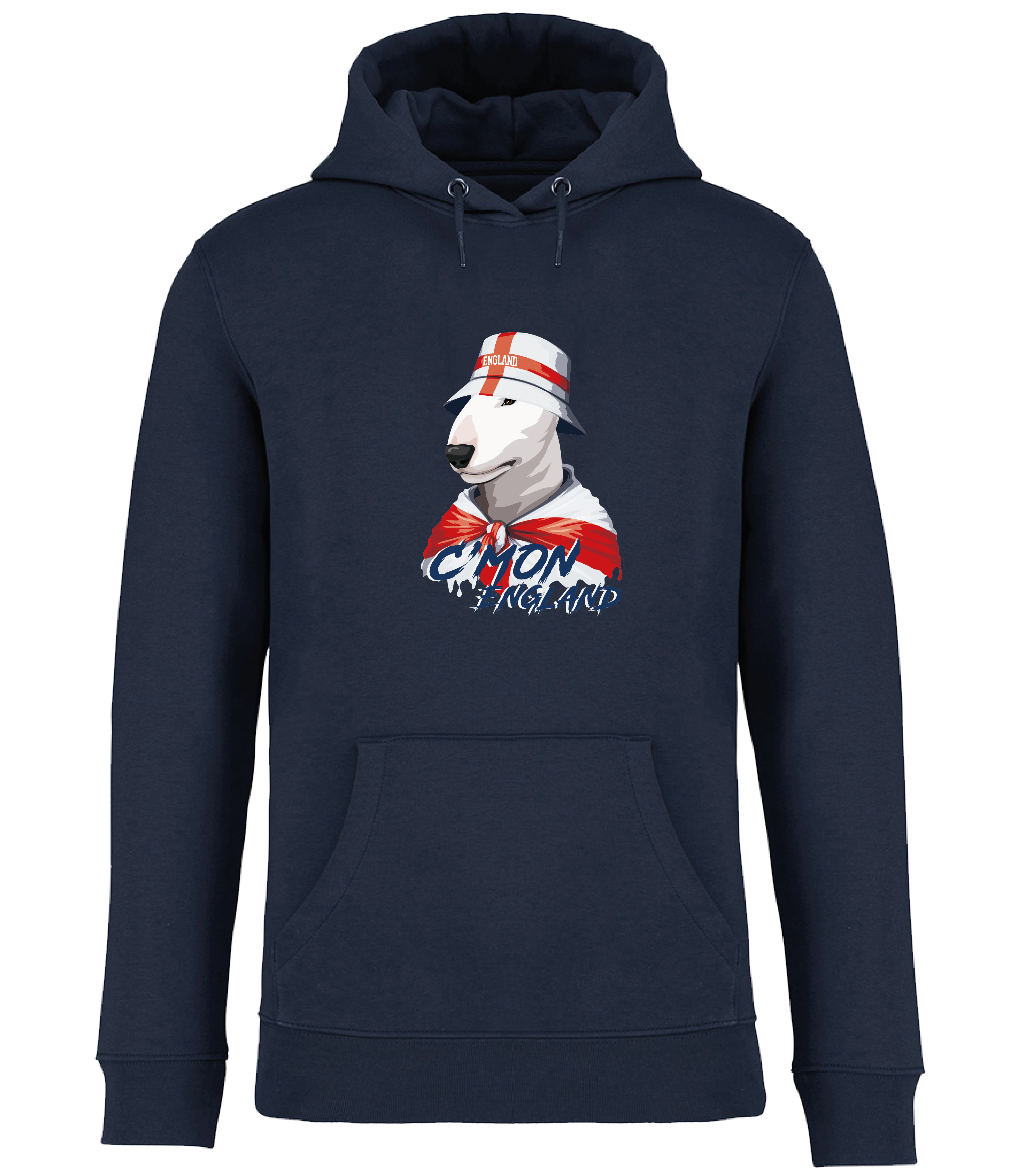 Dog hoodies for humans by Ronnies Casuals: Navy Blue Hoodie printed with English Bull Terrier Dog wearing a St Georges flag hat and scarf.  The words C'mon England printed underneath
