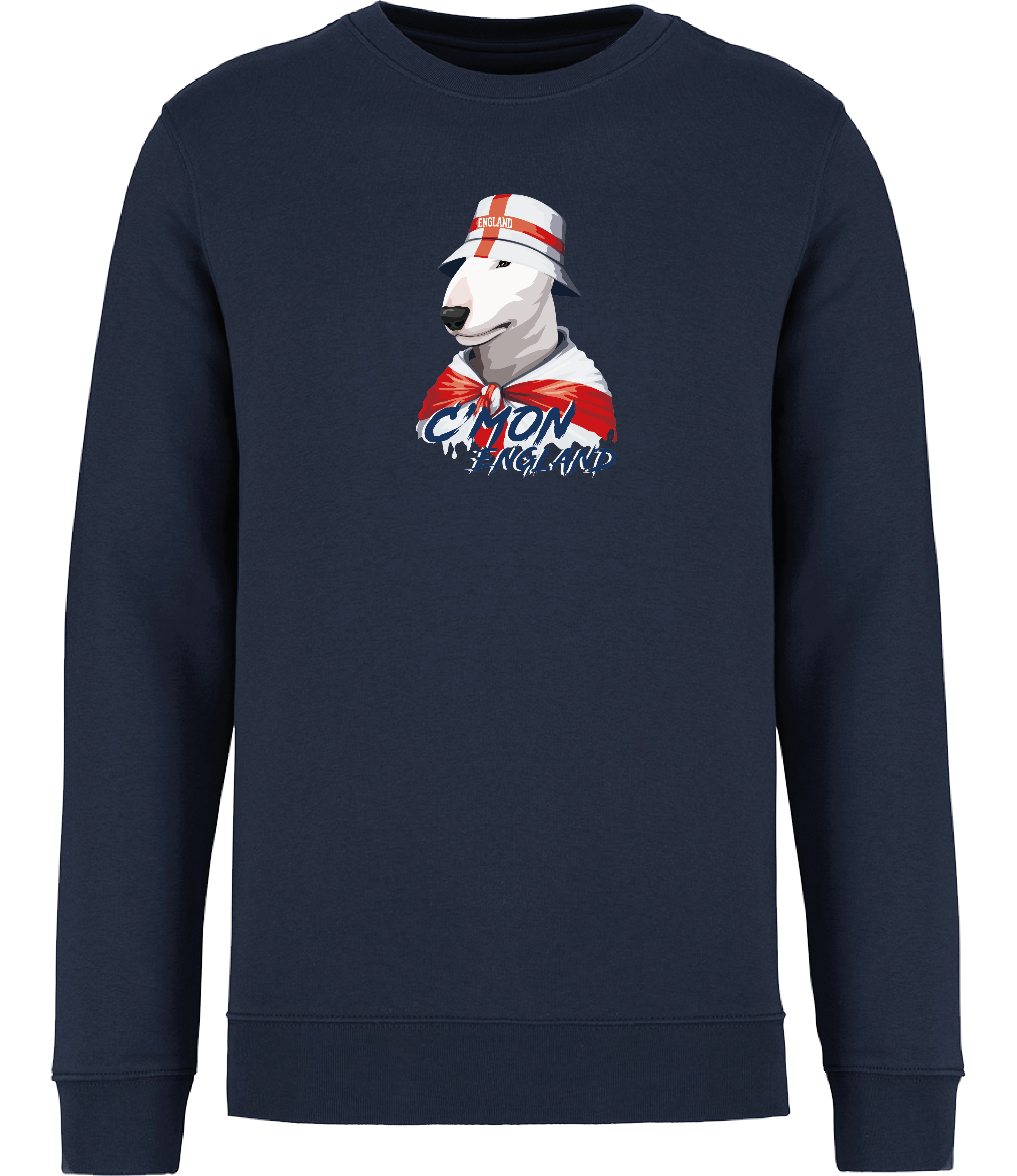 Ronnies Casuals Navy Blue Sweatshirt printed with English Bull Terrier Dog wearing a St Georges flag hat and scarf.  The words C'mon England printed underneath