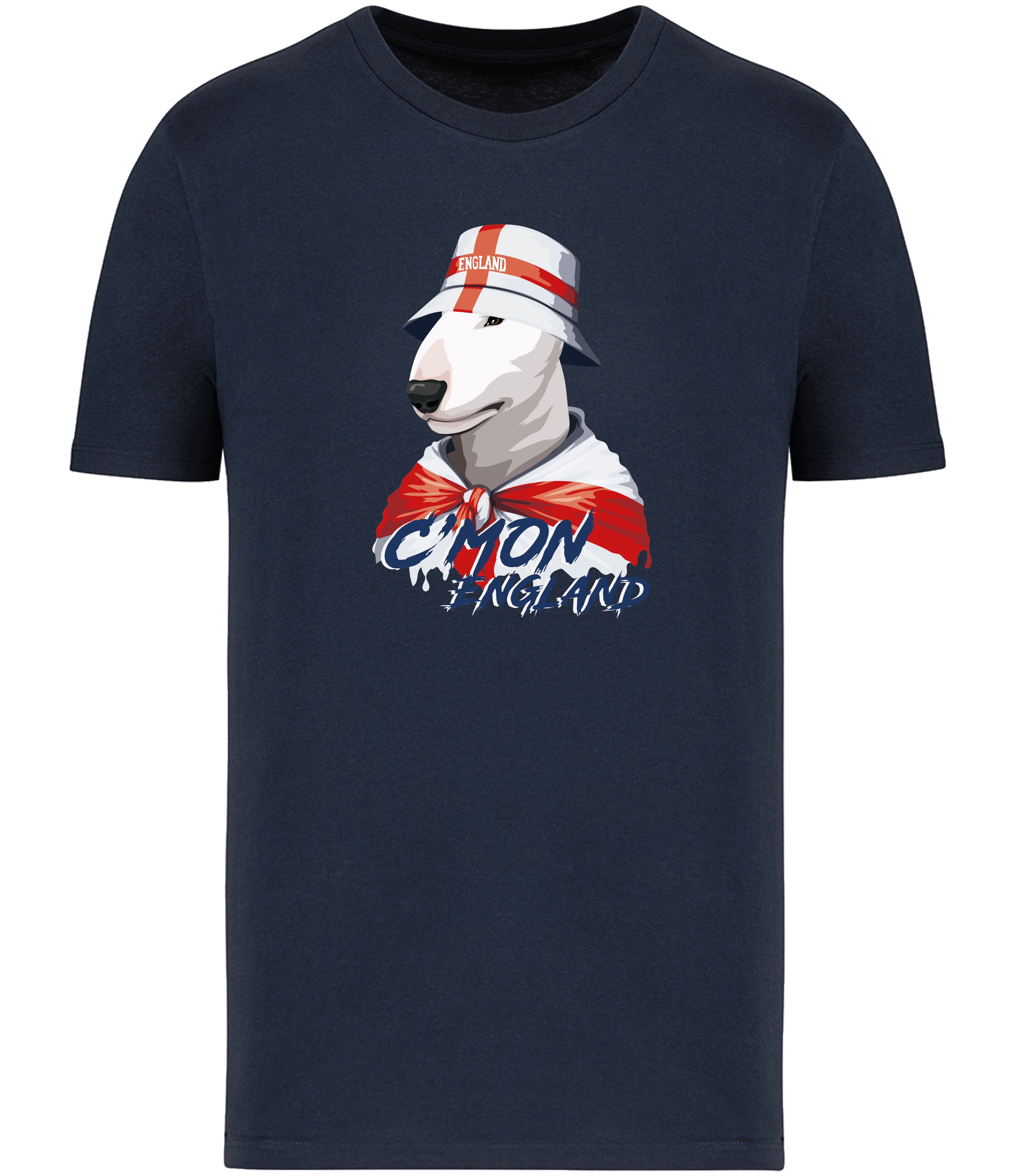 Navy Blue T-shirt printed by Ronnies Casuals with English Bull Terrier Dog wearing a St Georges flag hat and scarf.  The words C'mon England printed underneath