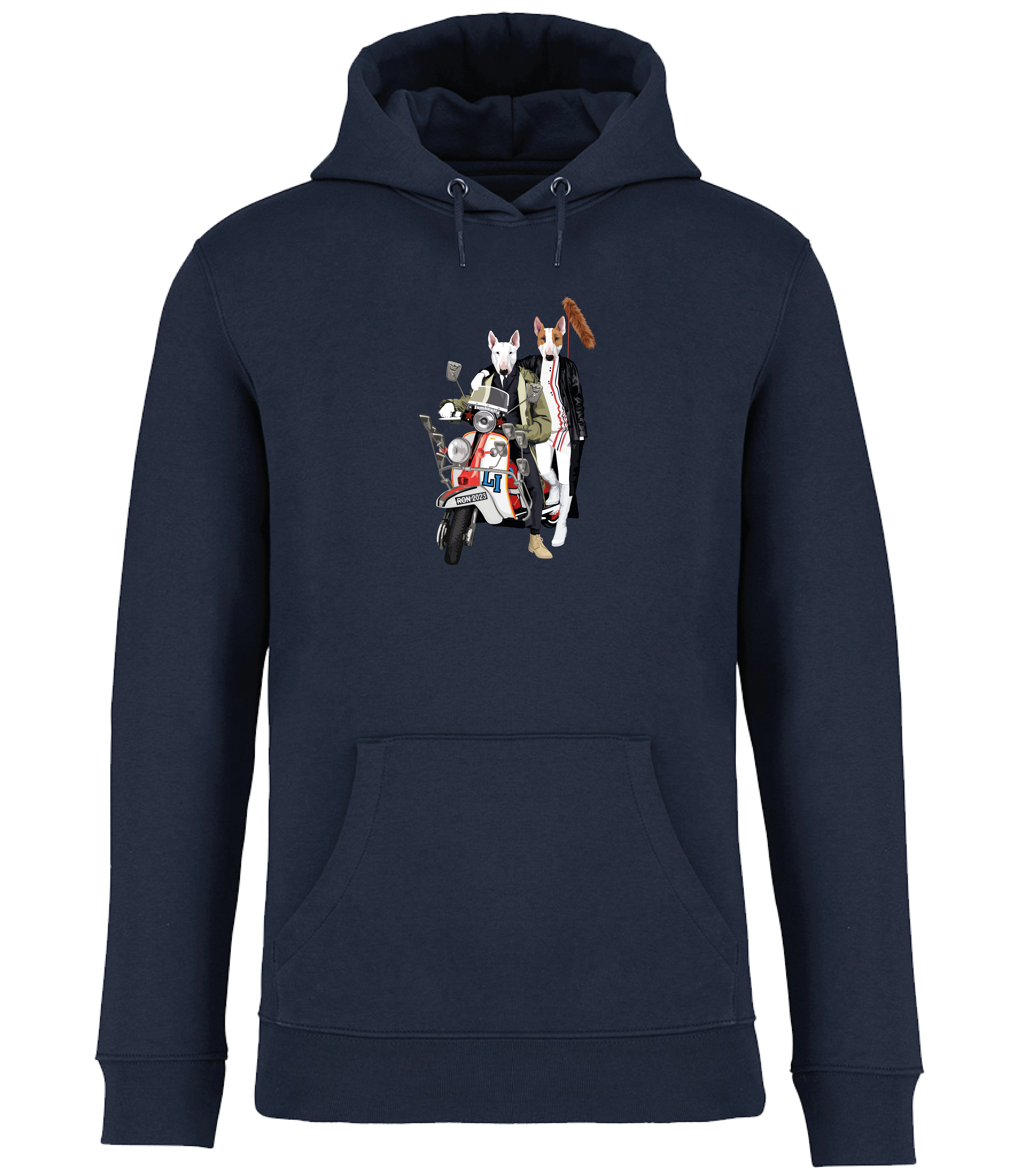 Navy Blue Hoodie printed with 2 English bull terrier dogs wearing trendy clothes riding a red and white scooter with fox tail on the back