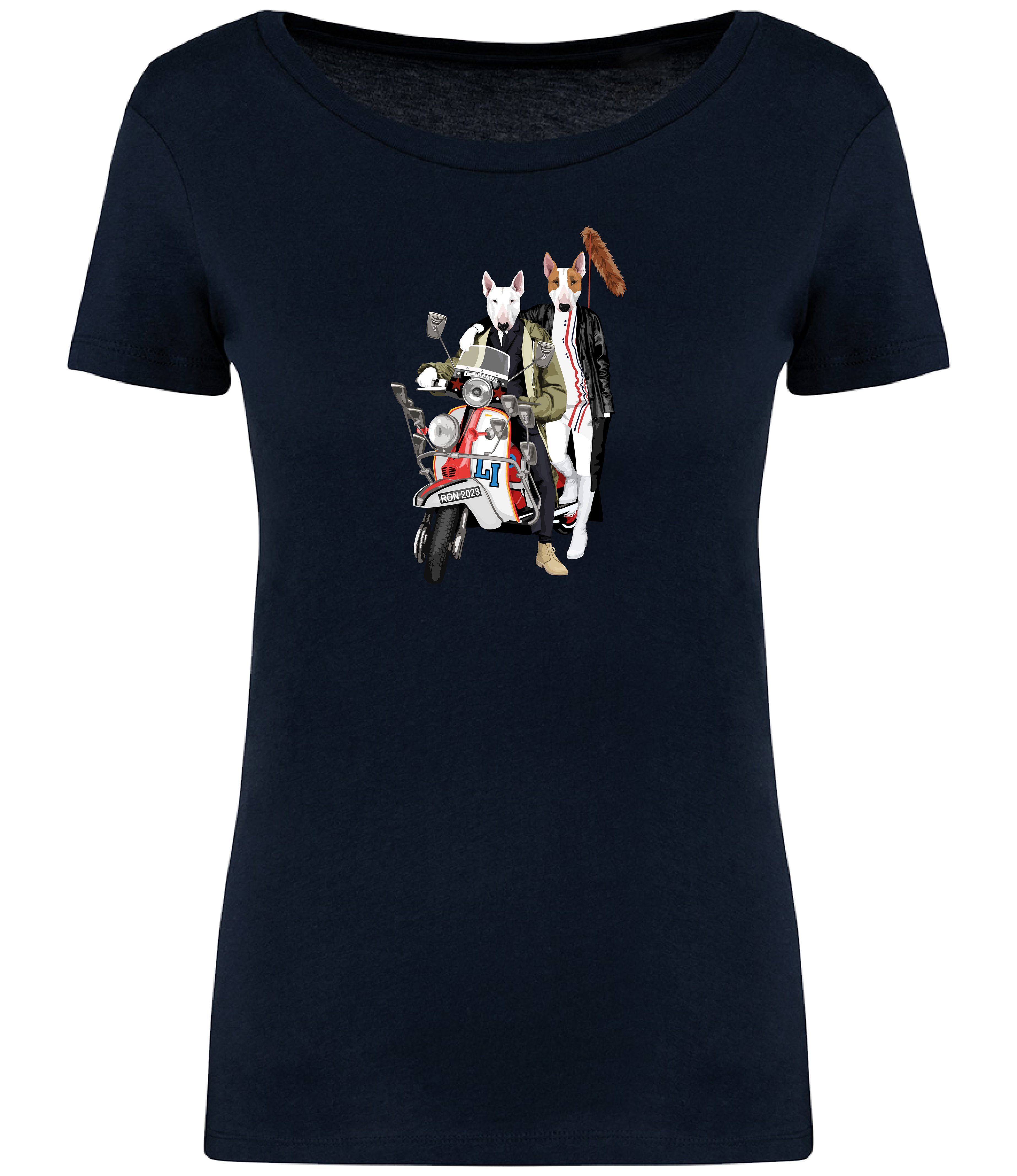 Navy Blue T-shirt printed with 2 English bull terrier dogs wearing trendy clothes riding a red and white scooter with fox tail on the back