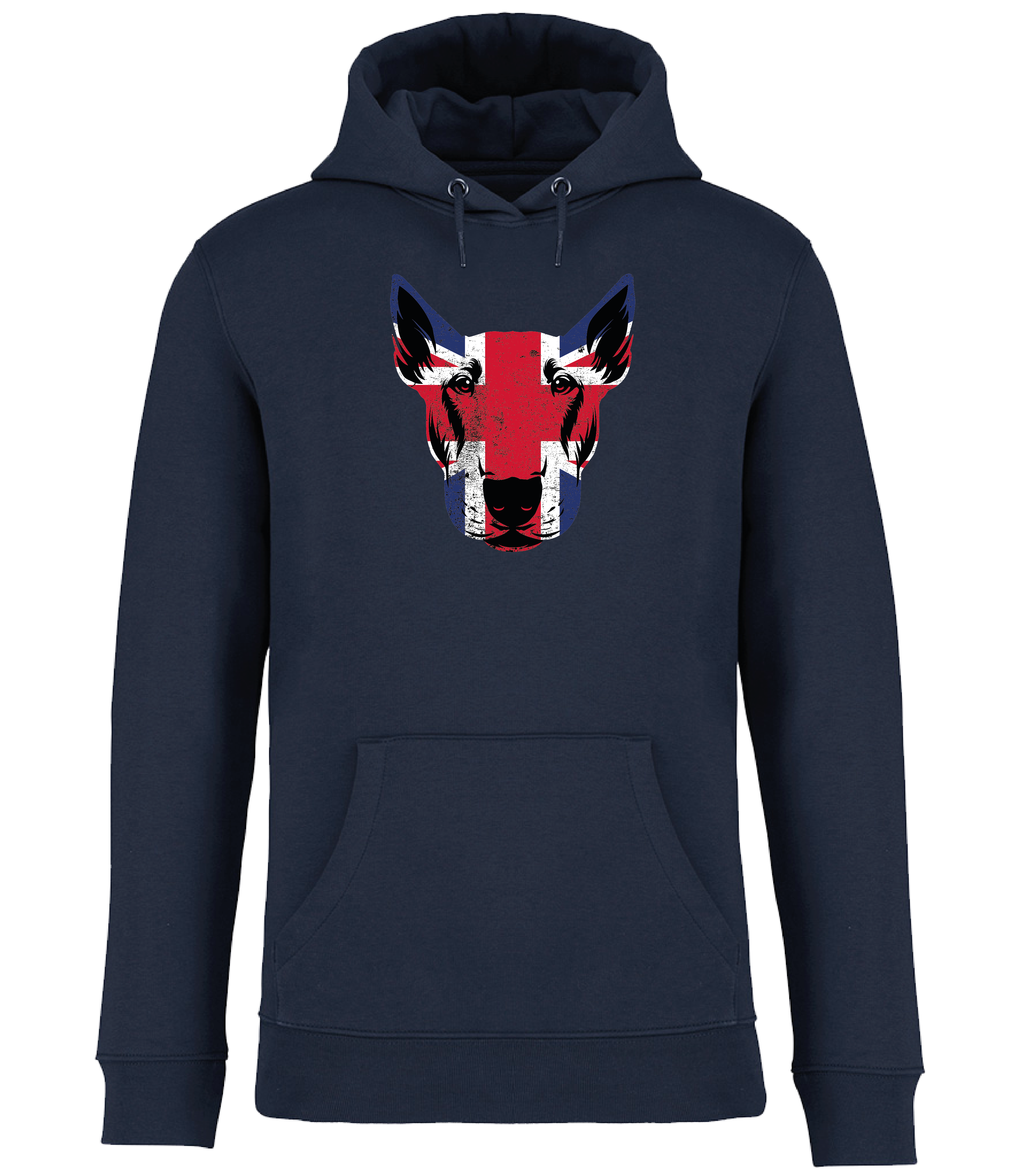 Ronnies Casuals Navy Blue Hoodie printed with an English Bull Terrier Face covered in Union Jack Colours