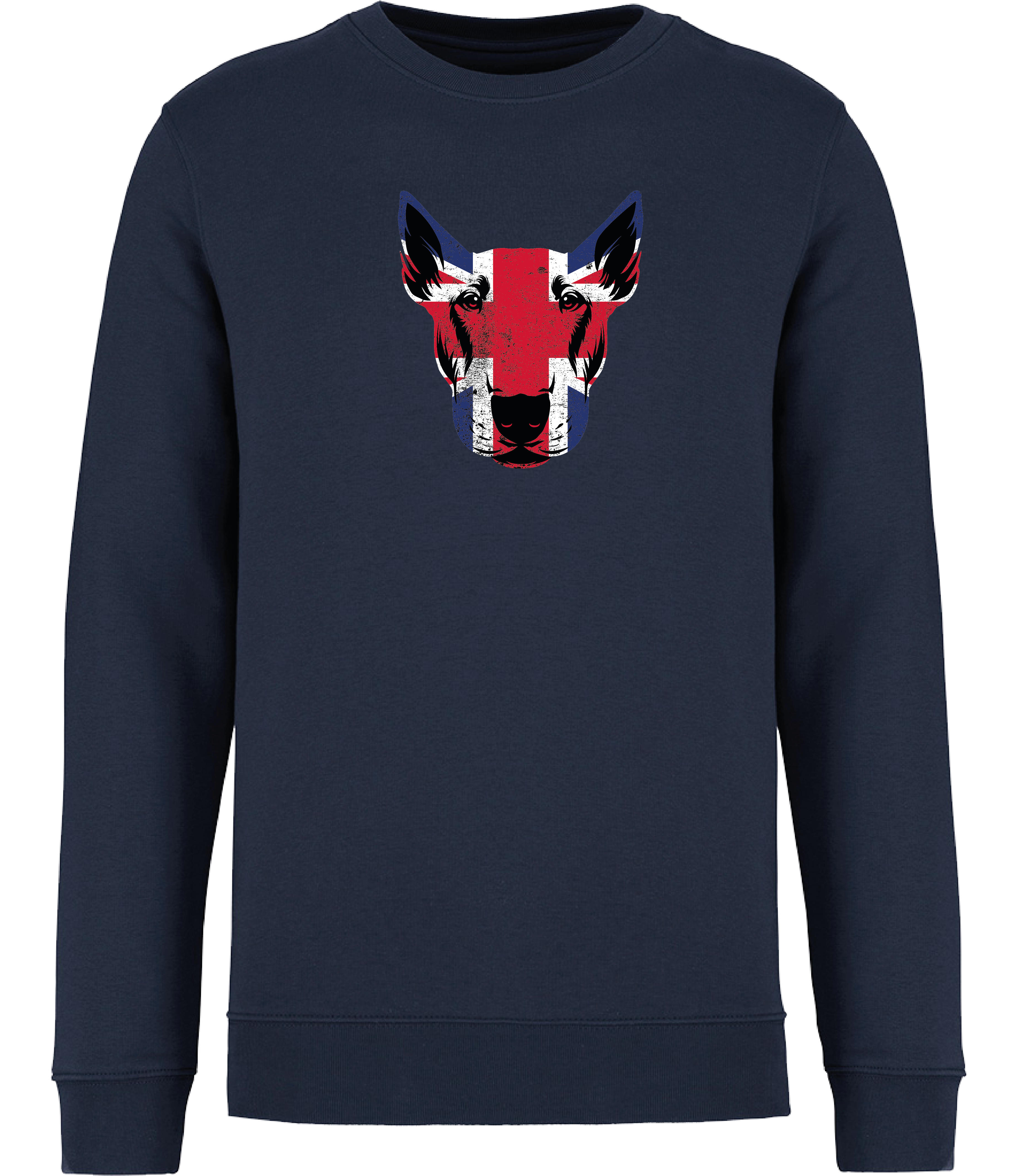 Ronnies Casuals Navy Blue Sweatshirt printed with an English Bull Terrier Face covered in Union Jack Colours