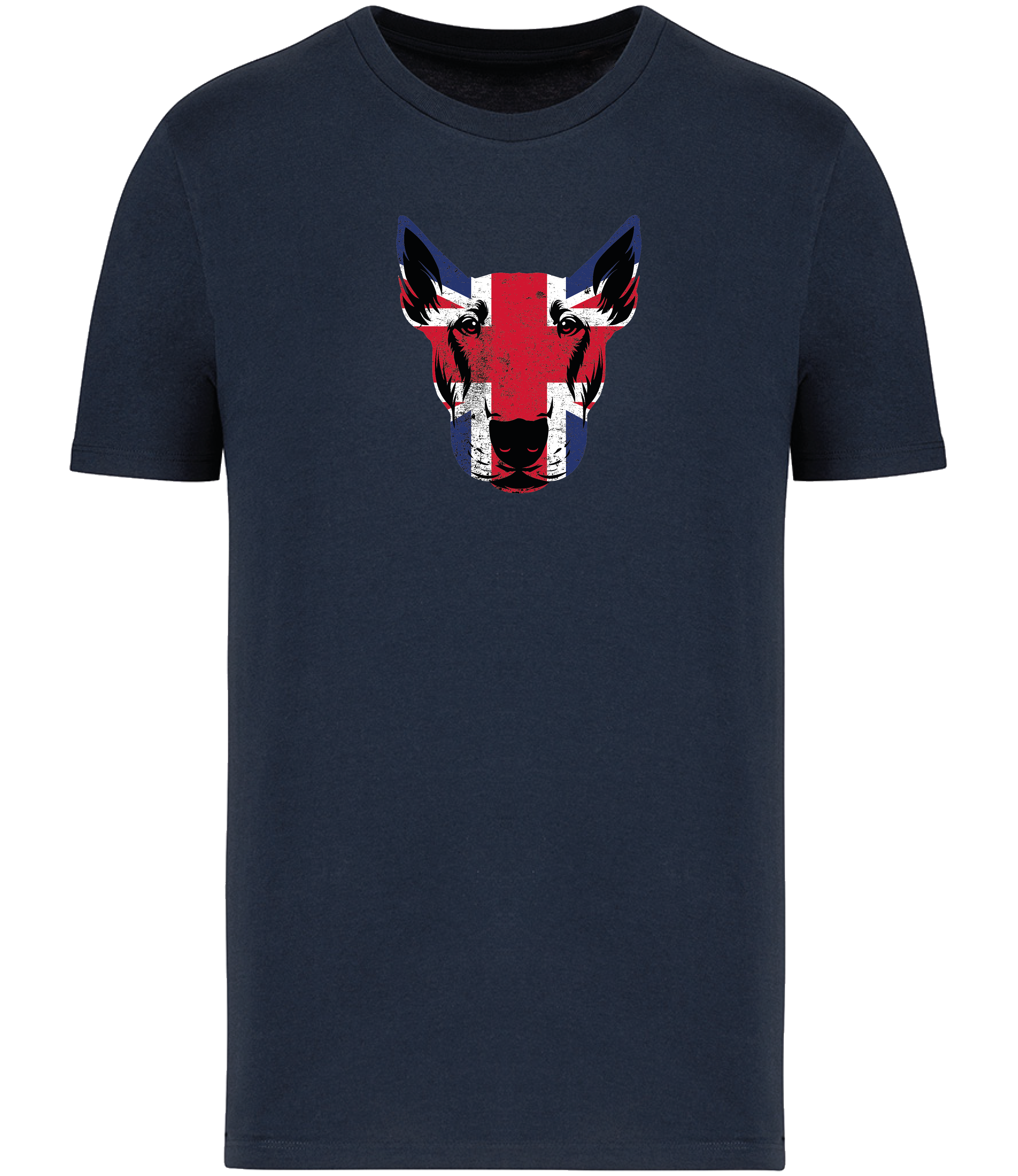 Navy Blue T-shirt printed with and English Bull Terrier Face covered in Union Jack Colours