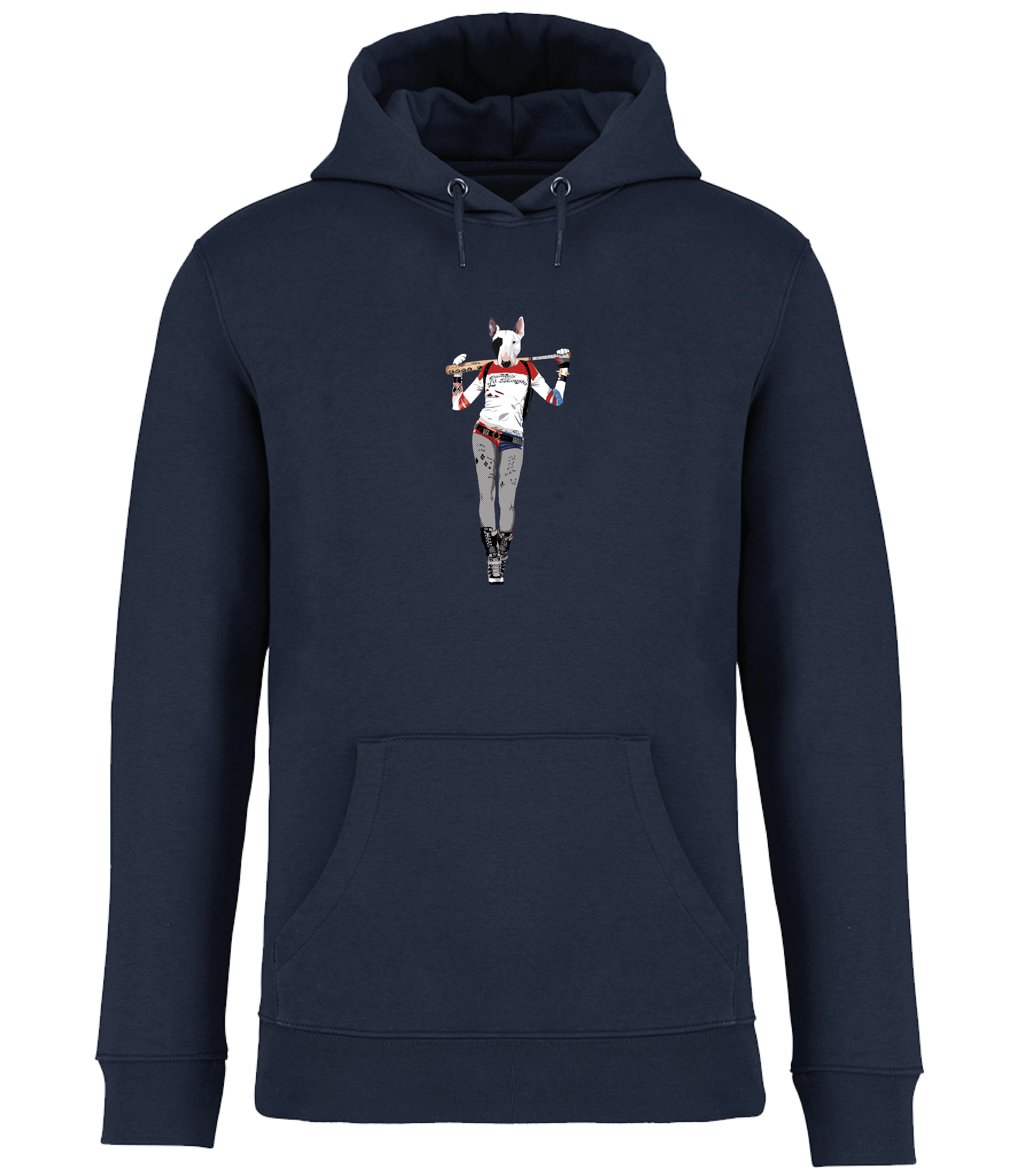 Navy Blue Hoodie printed with and English Bull Terrier Dog dressed as the Harley Quinn character