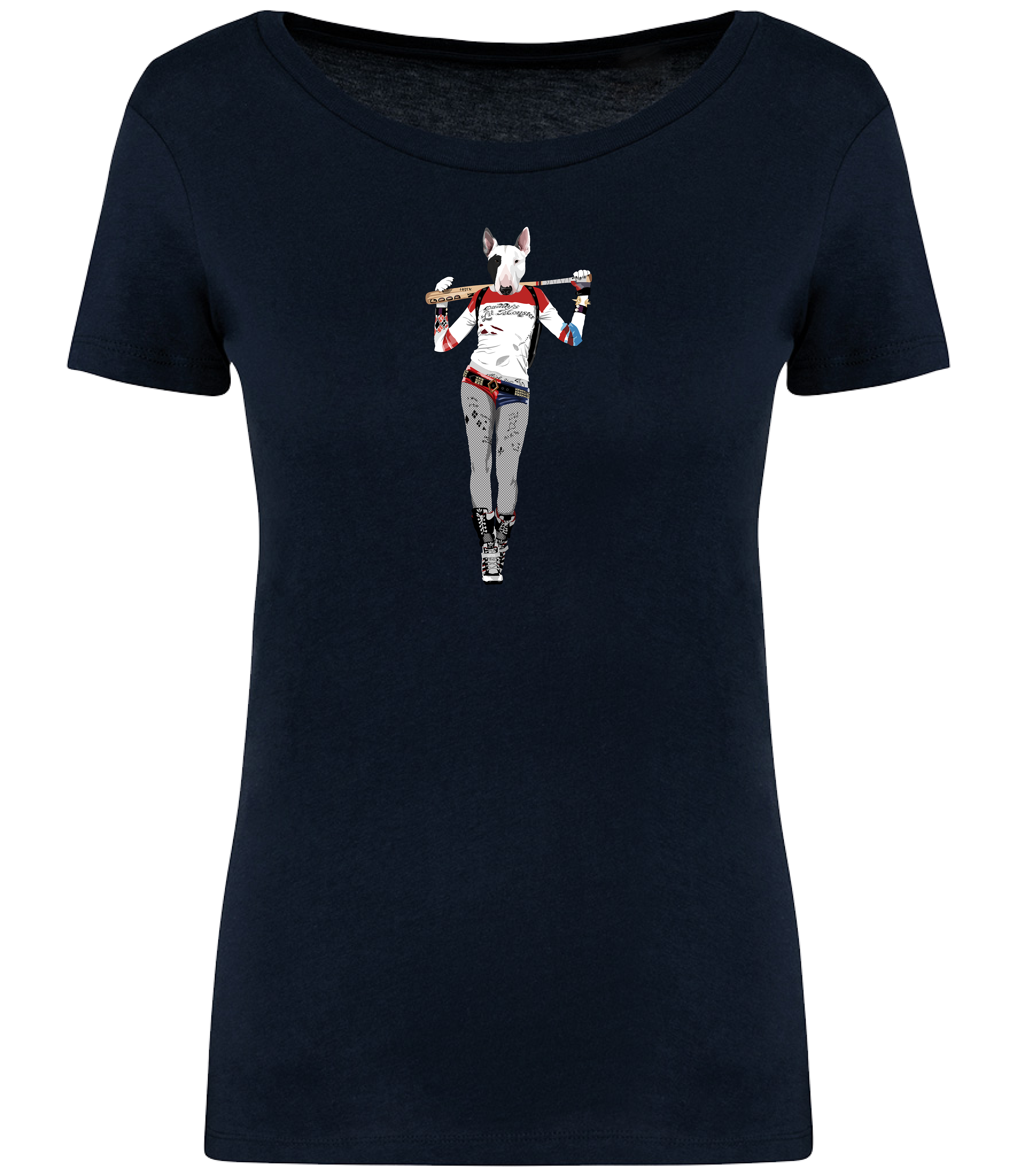 Navy Blue Ladies T-shirt printed with and English Bull Terrier Dog dressed as the Harley Quinn character