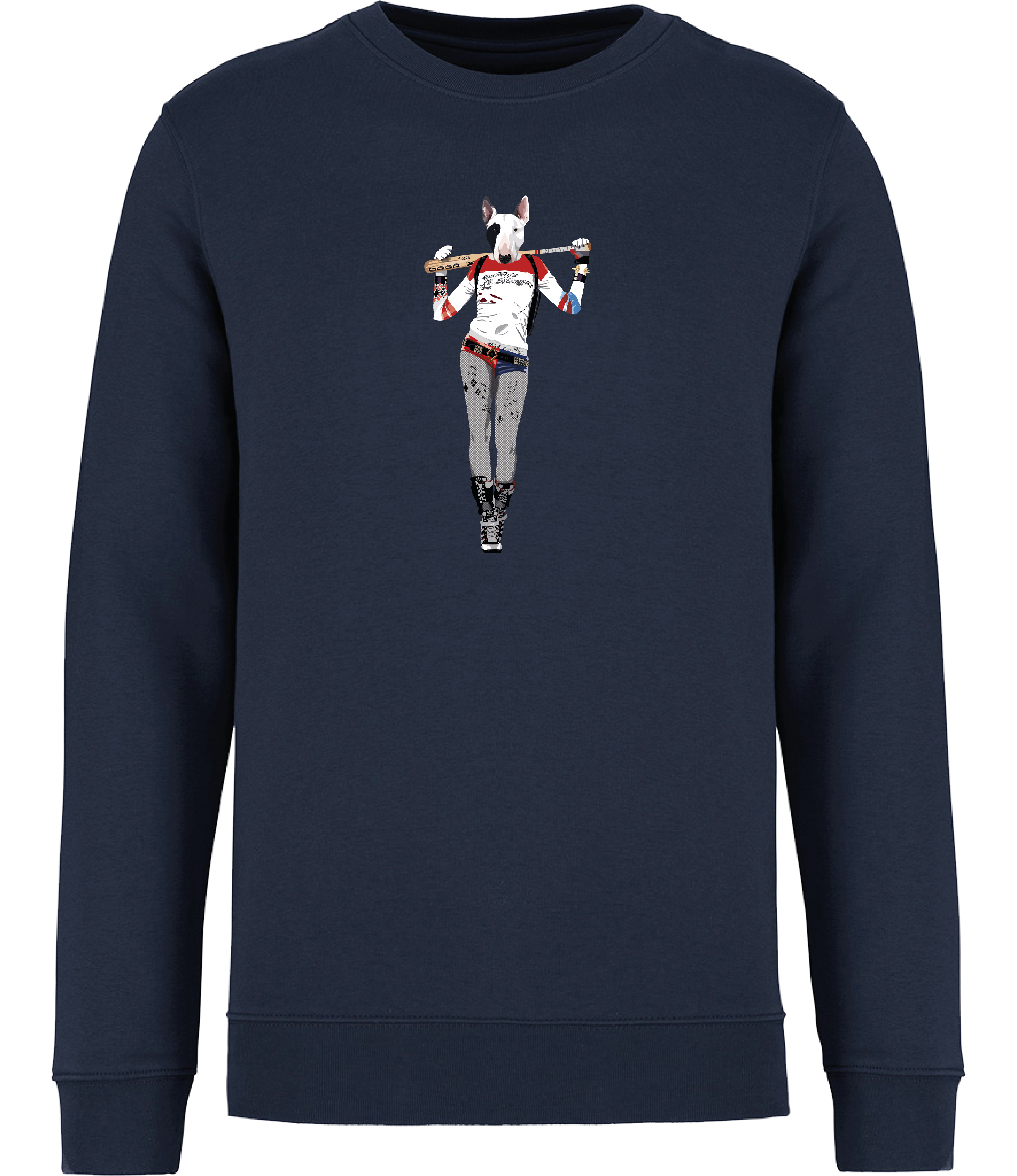 Navy Blue Sweatshirt printed with and English Bull Terrier Dog dressed as the Harley Quinn character