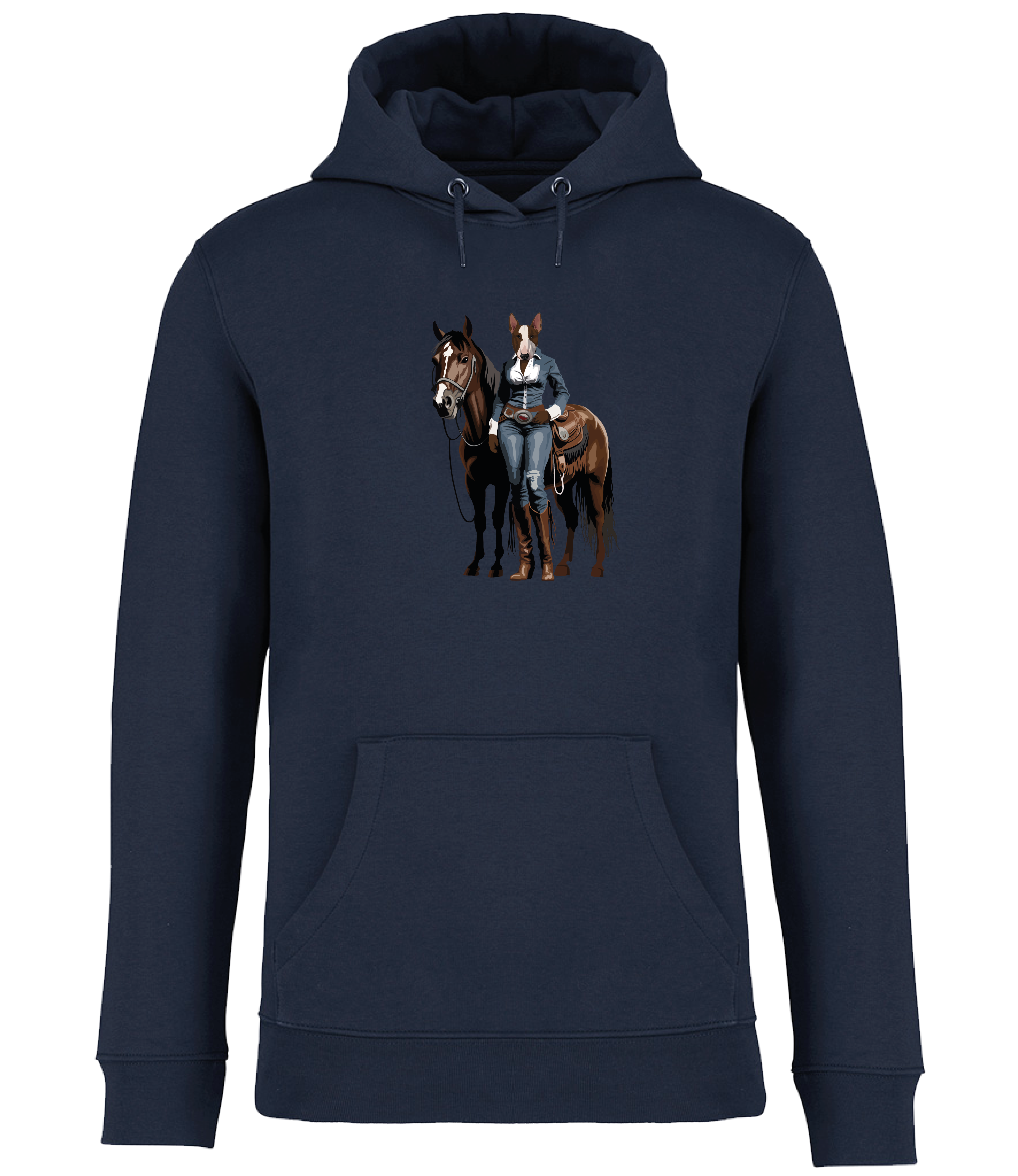 Navy Blue Hoodie printed with and English Bull Terrier Dog dressed in denim western clothing with a horse in western style