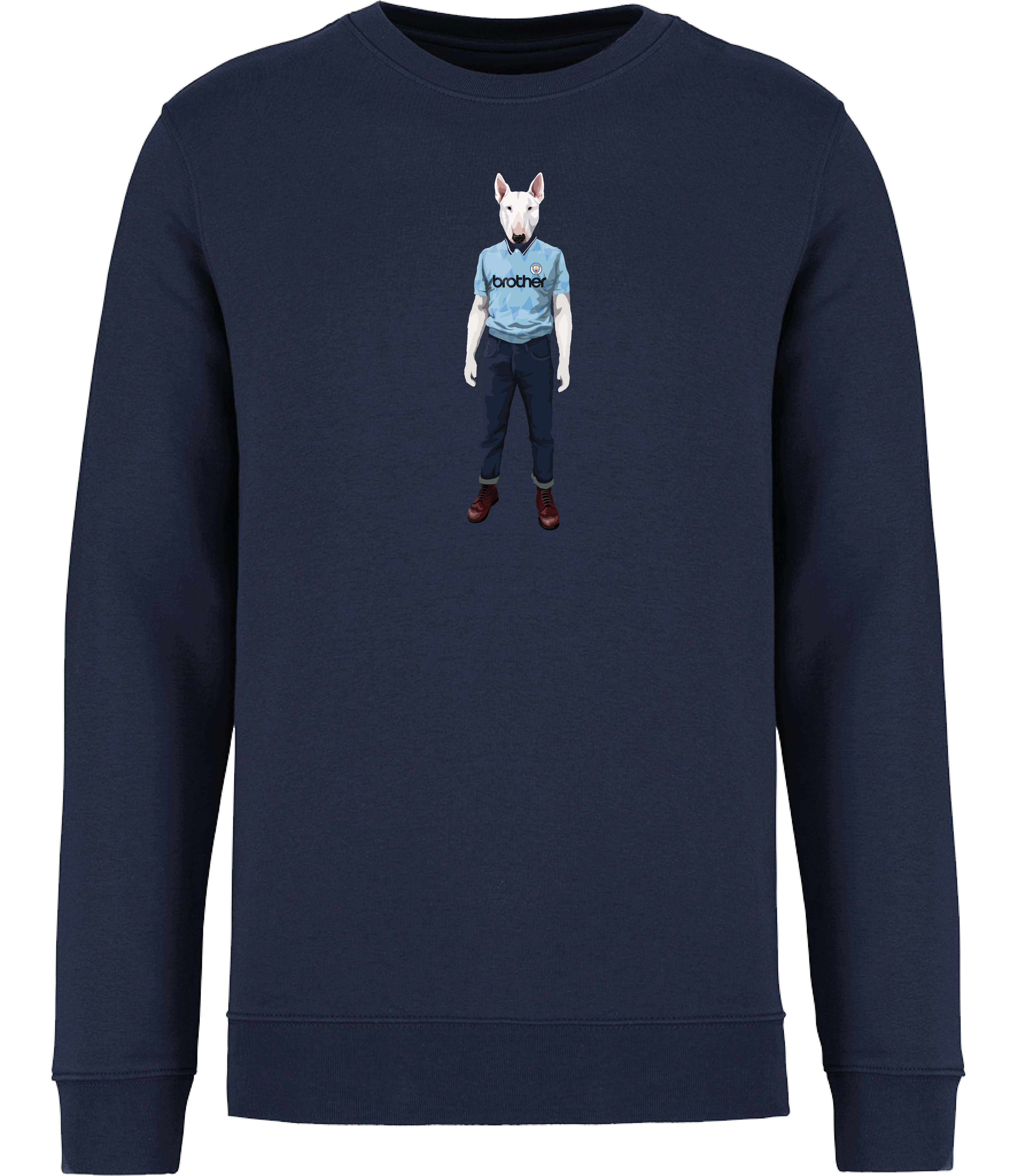 Navy Blue Sweatshirt printed with an English Bull Terrier Dog wearing a Manchester City Football Shirt and Jeans