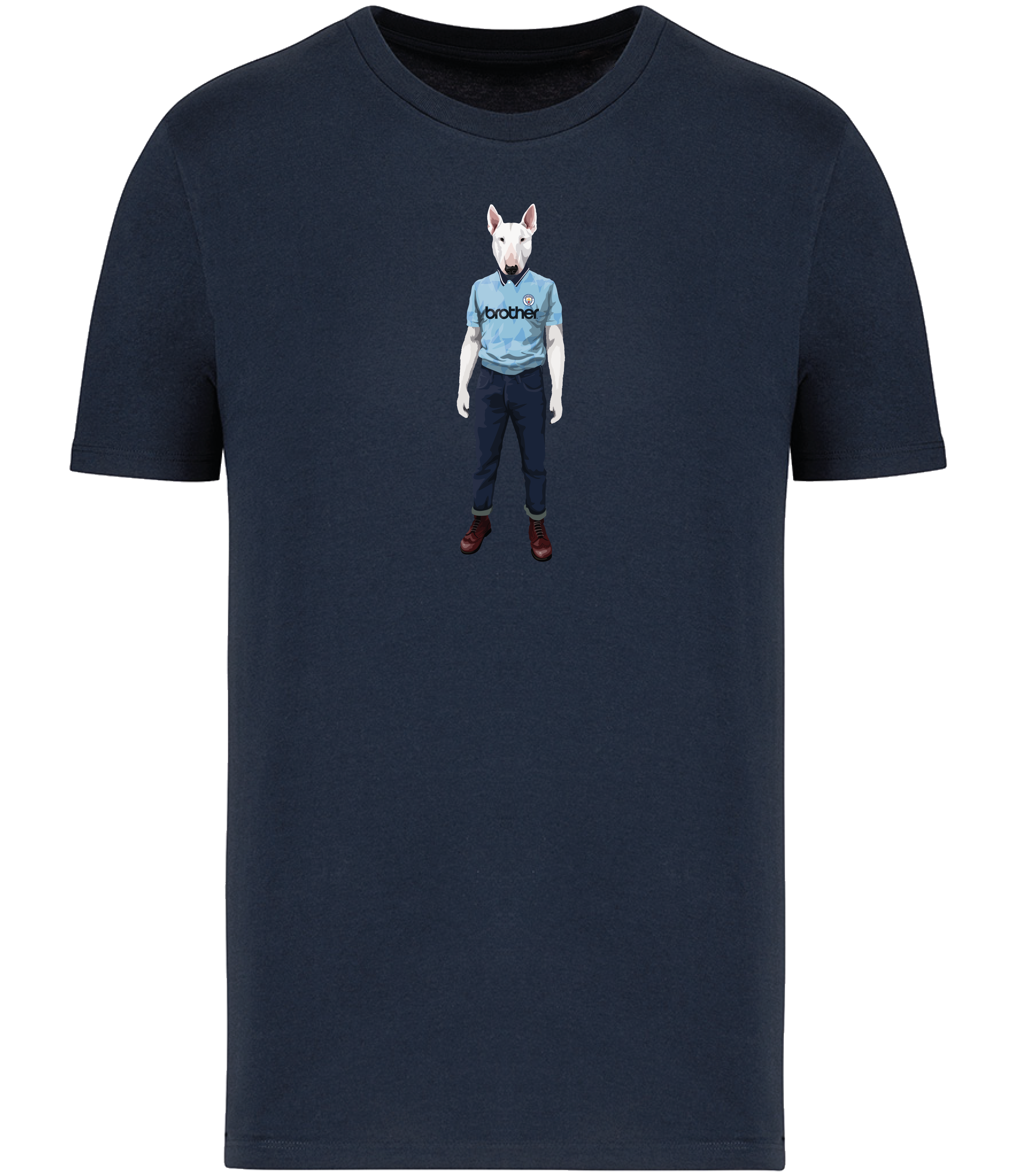 Navy Blue T-shirt printed with an English Bull Terrier Dog wearing a Manchester City Football Shirt and Jeans