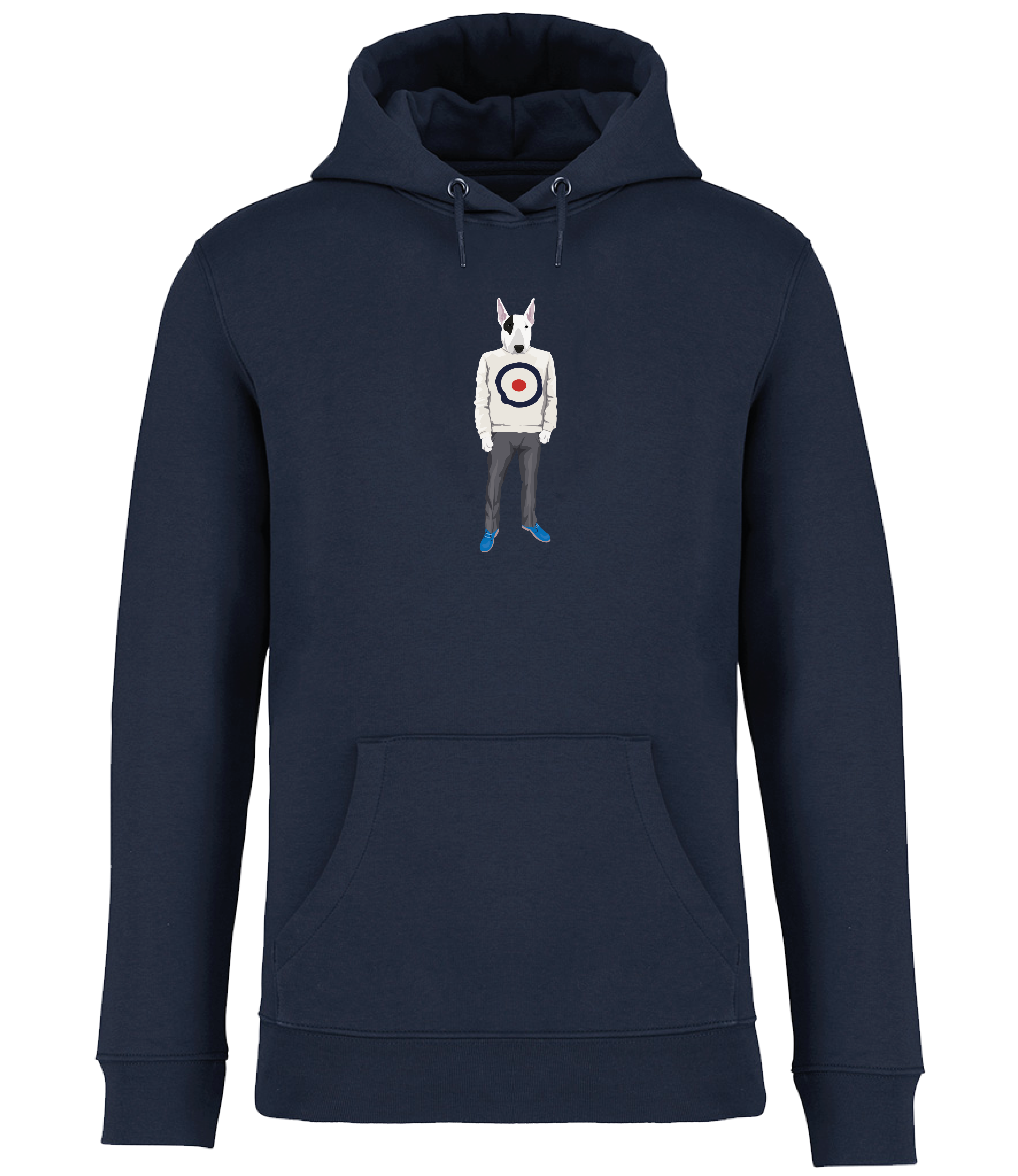 Navy Blue Hoodie Printed with an English Bull Terrier Dog wearing a jumper with a target on it, grey trousers and blue shoes