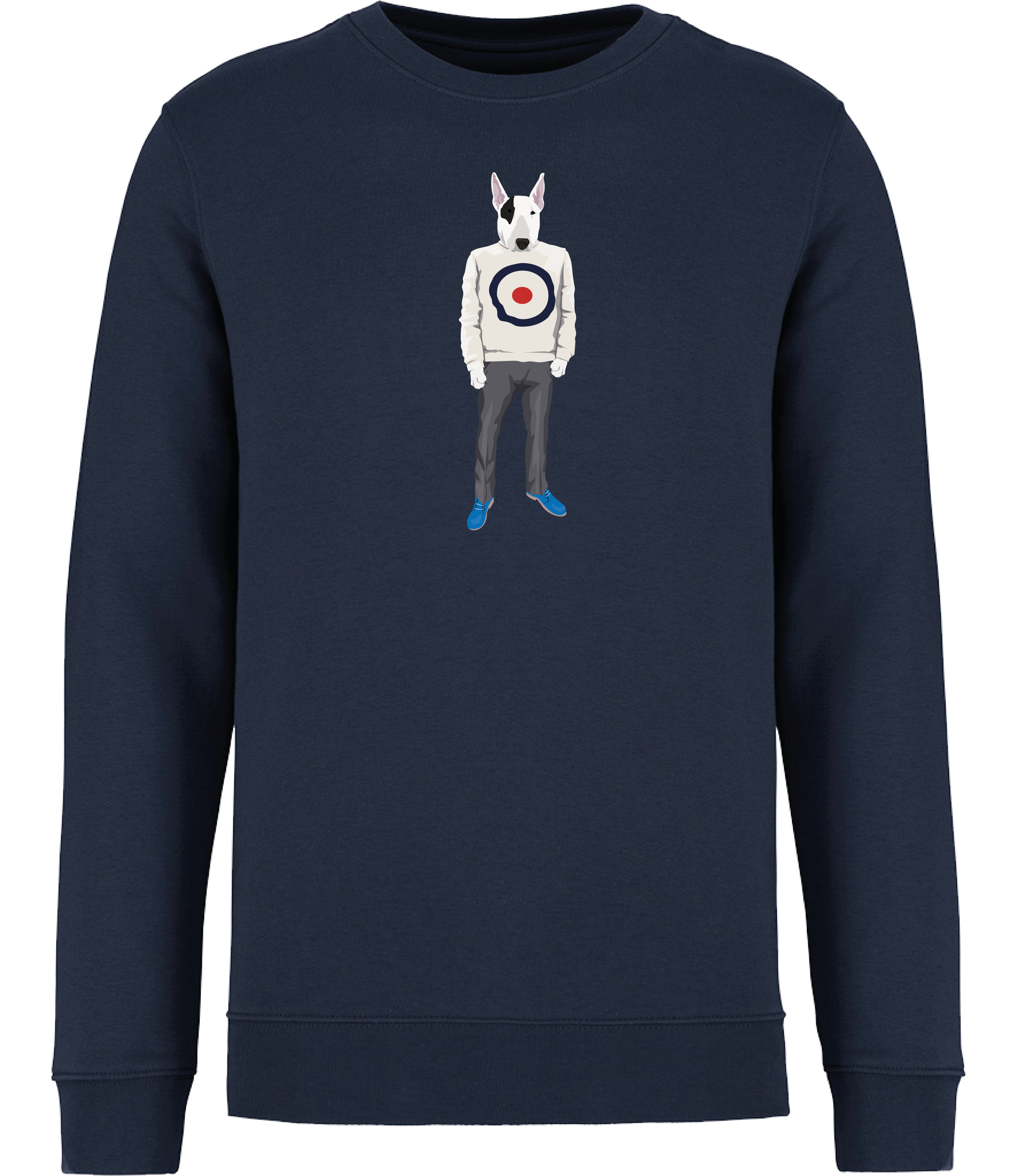 Navy Blue Sweatshirt Printed with an English Bull Terrier Dog wearing a jumper with a target on it, grey trousers and blue shoes