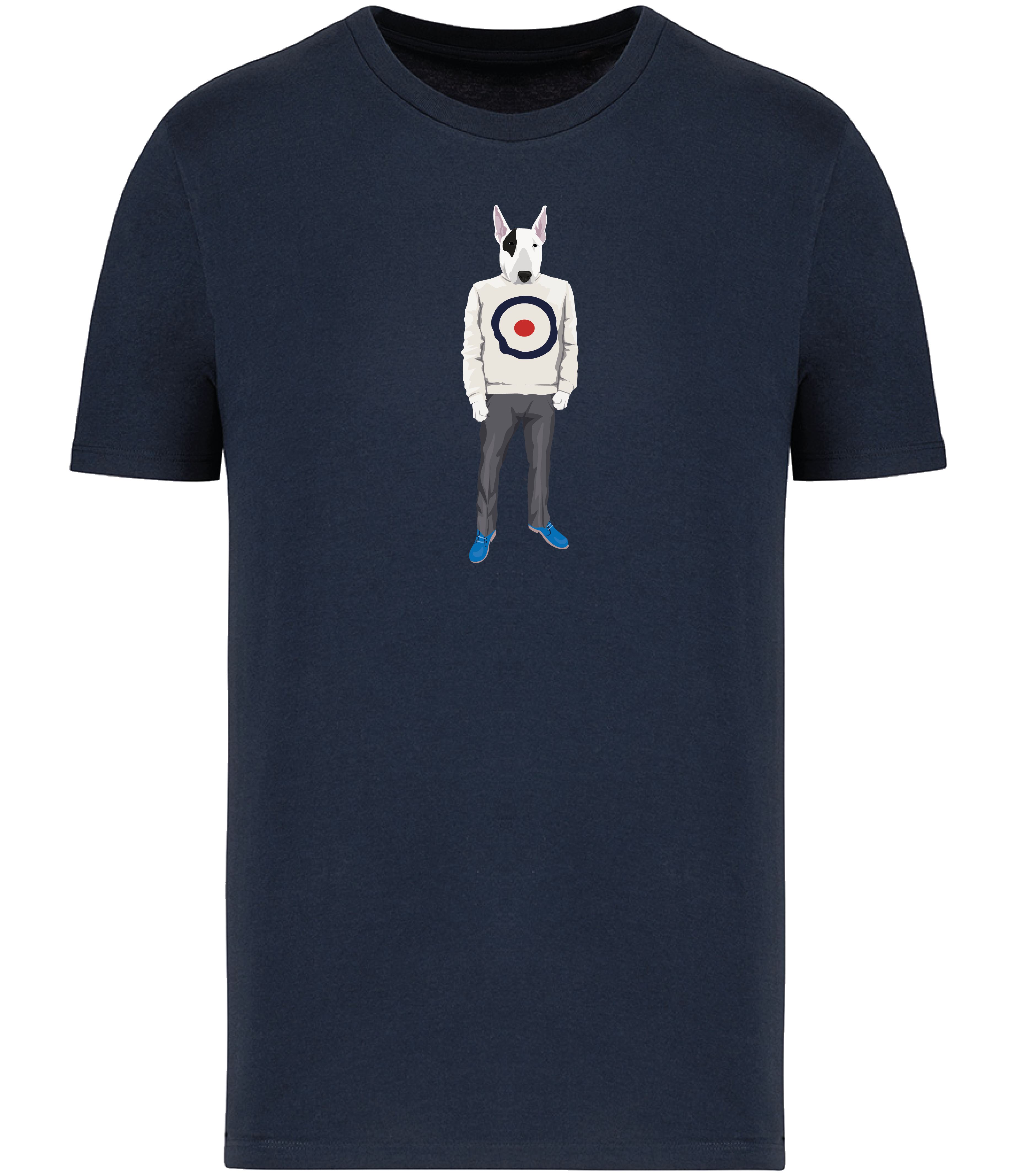 Navy Blue T-shirt Printed with an English Bull Terrier Dog wearing a jumper with a target on it, grey trousers and blue shoes