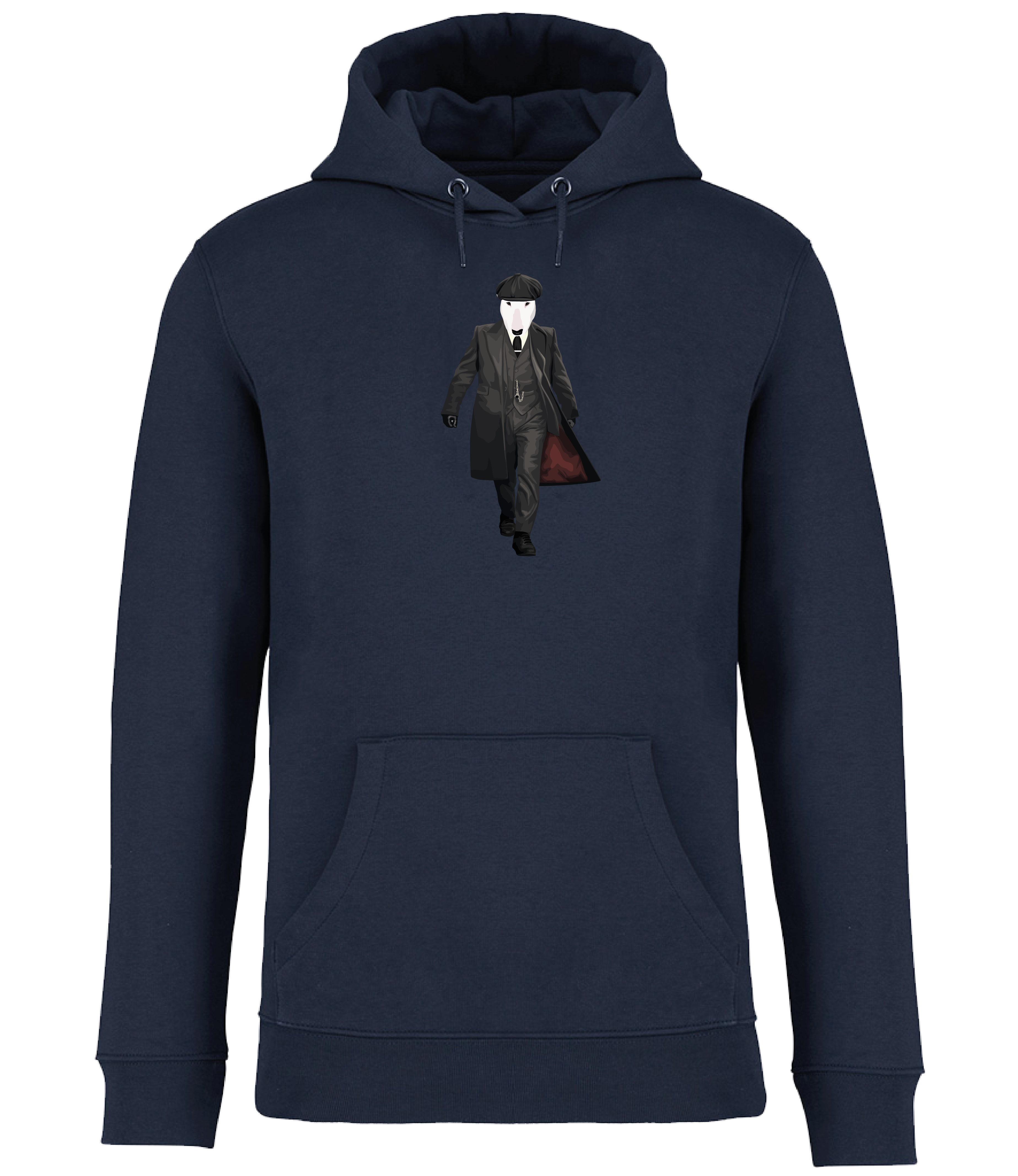 Navy Blue Hoodie printed with an English Bull Terrier Dog dressed as the character Thomas Shelby from the TV series Peaky Blinders