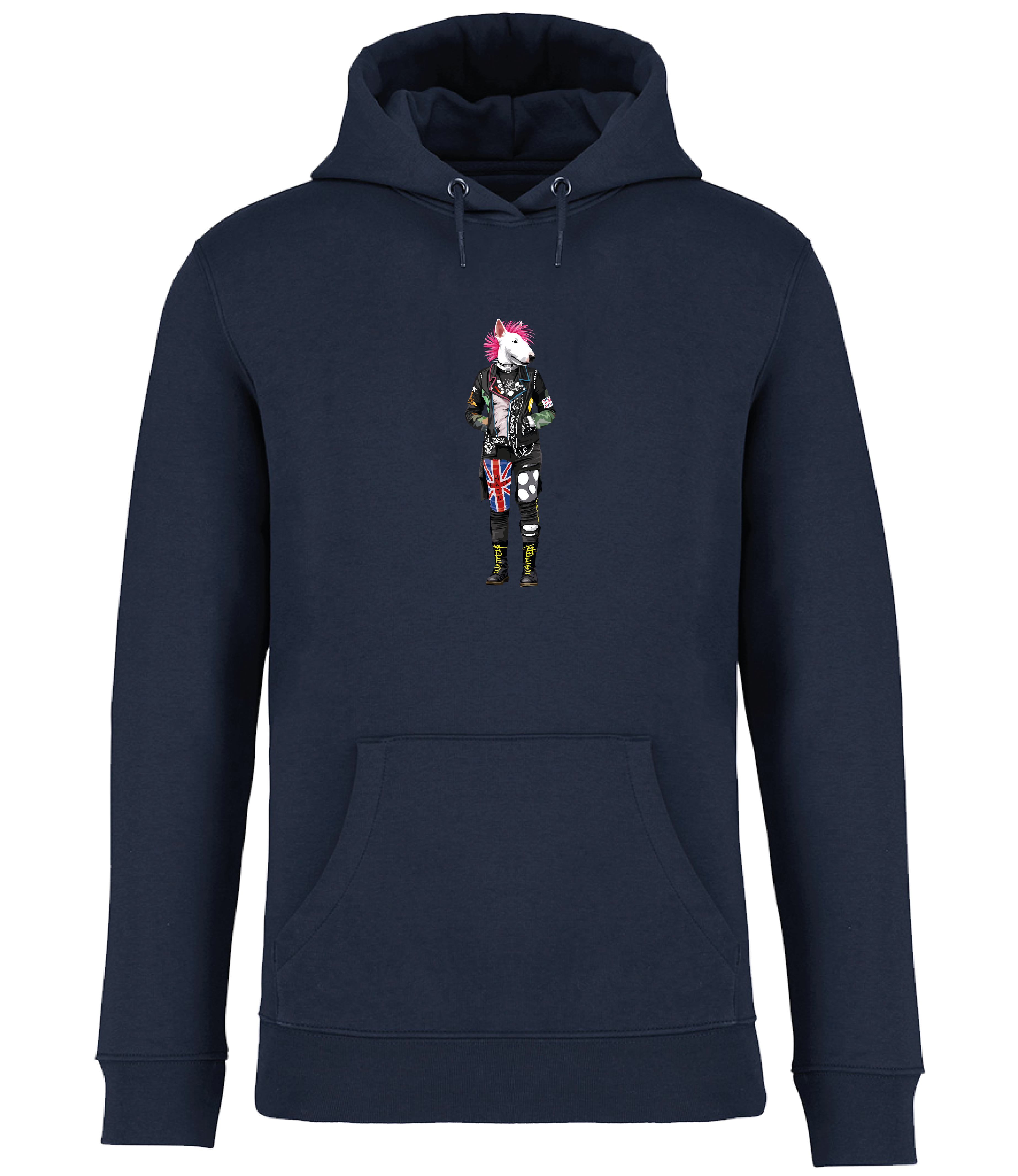 Navy Blue Hoodie printed with an English Bull Terrier Dog dressed in punk style clothing and a pink mohawk