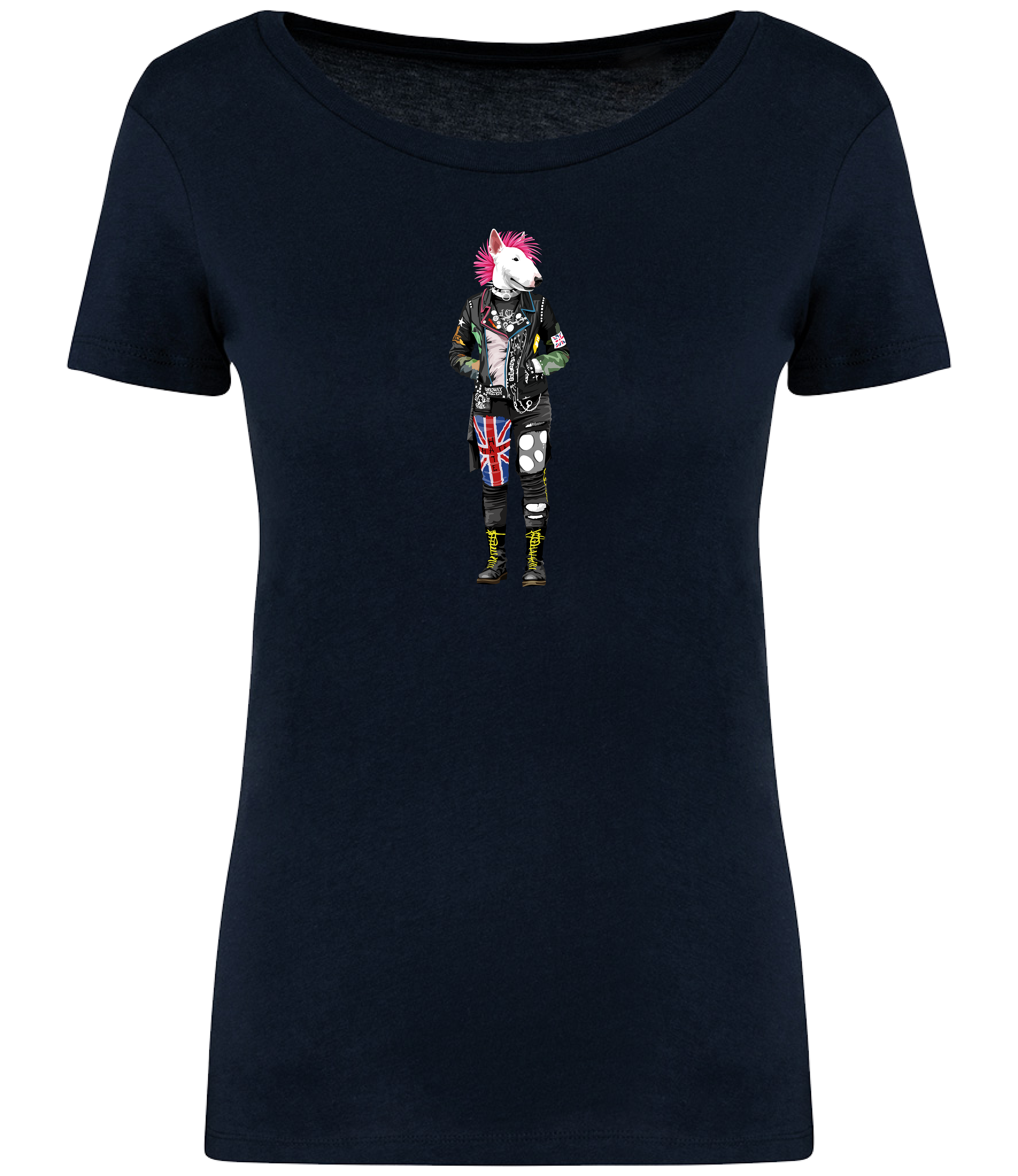 Navy Blue T-shirt printed with an English Bull Terrier Dog dressed in punk style clothing and a pink mohawk