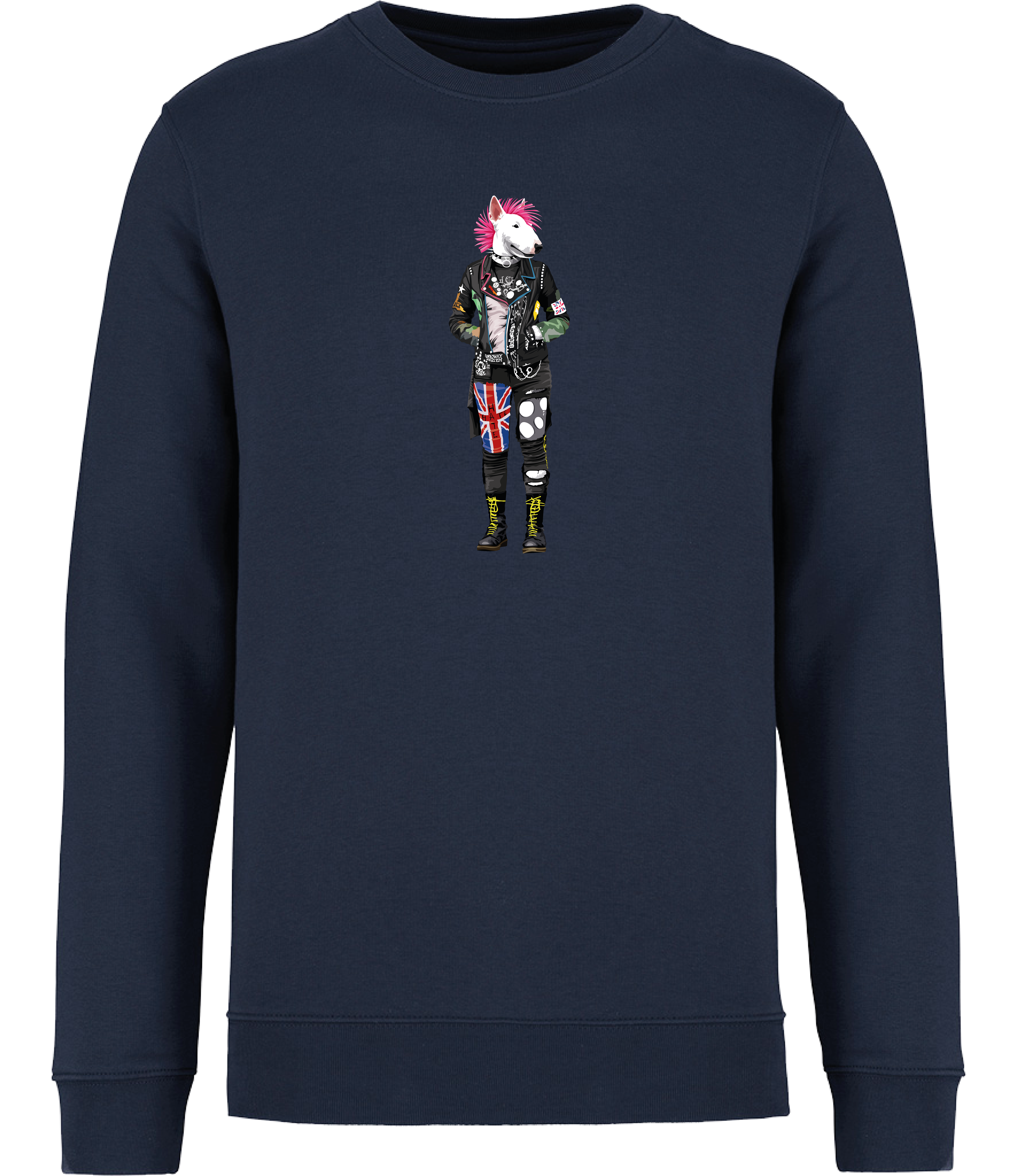 Navy Blue Sweatshirt printed with an English Bull Terrier Dog dressed in punk style clothing and a pink mohawk
