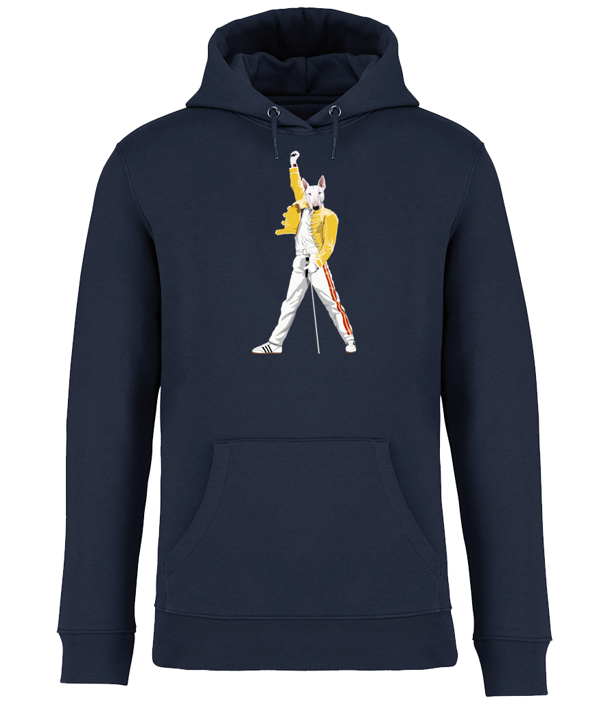Navy Blue Hoodie printed with an English Bull Terrier Dog Dressed up like the pop Icon Freddie mercury holding a microphone