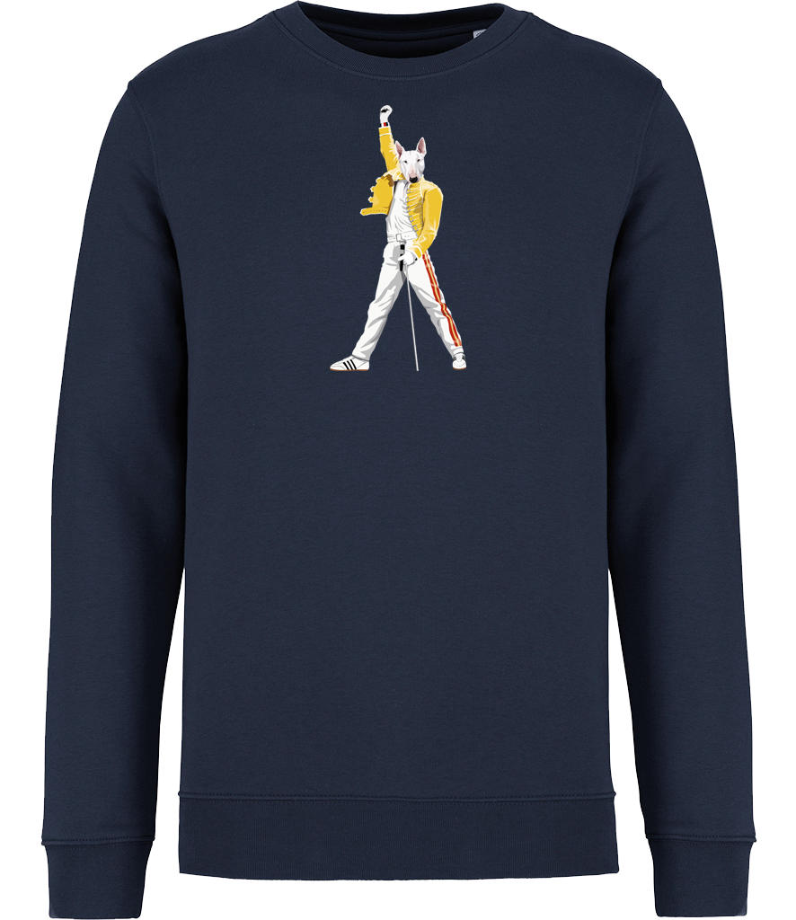 Navy Blue Sweatshirt printed with an English Bull Terrier Dog Dressed up like the pop Icon Freddie mercury holding a microphone