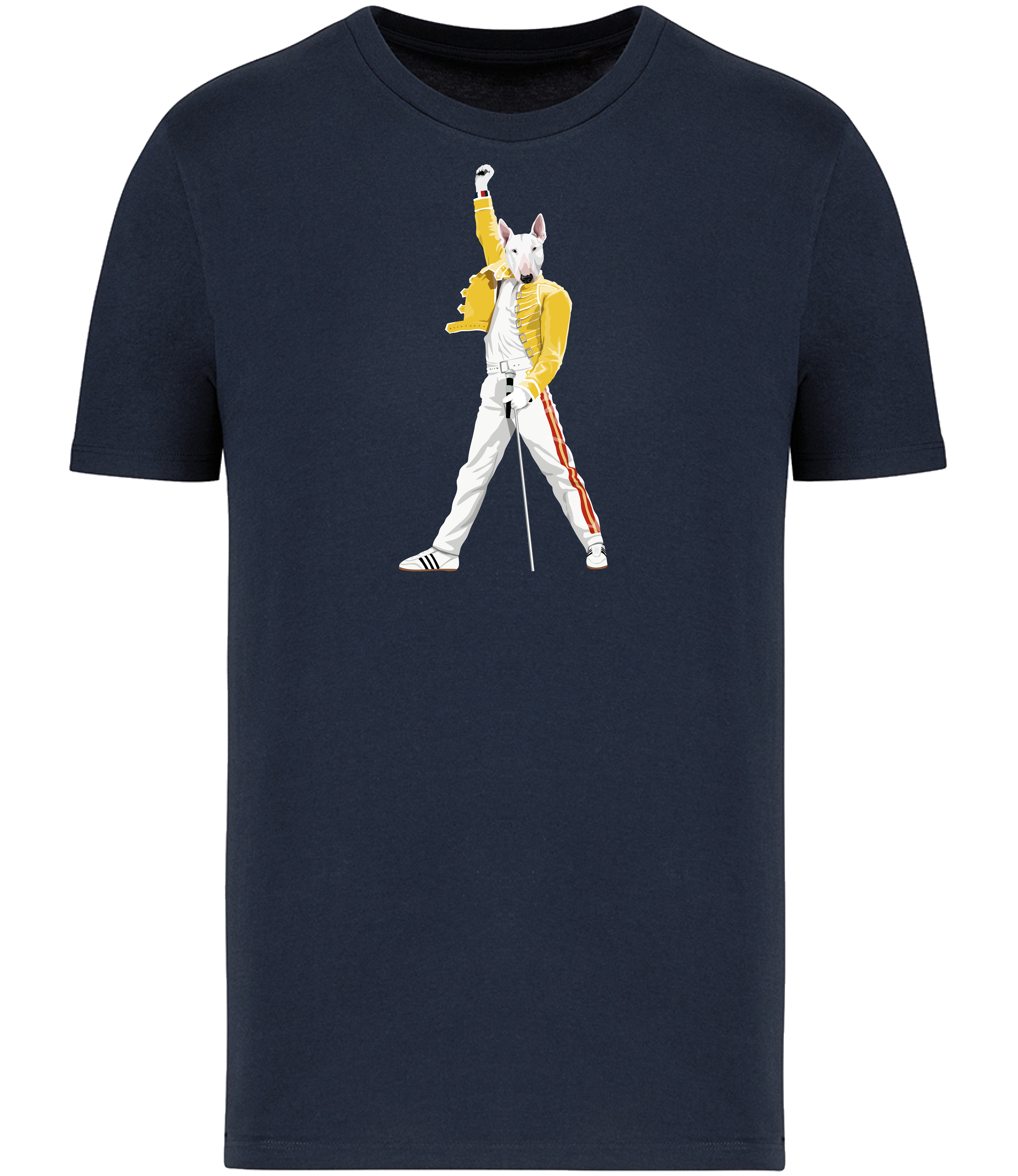 Navy Blue T-shirt printed with an English Bull Terrier Dog Dressed up like the pop Icon Freddie mercury holding a microphone