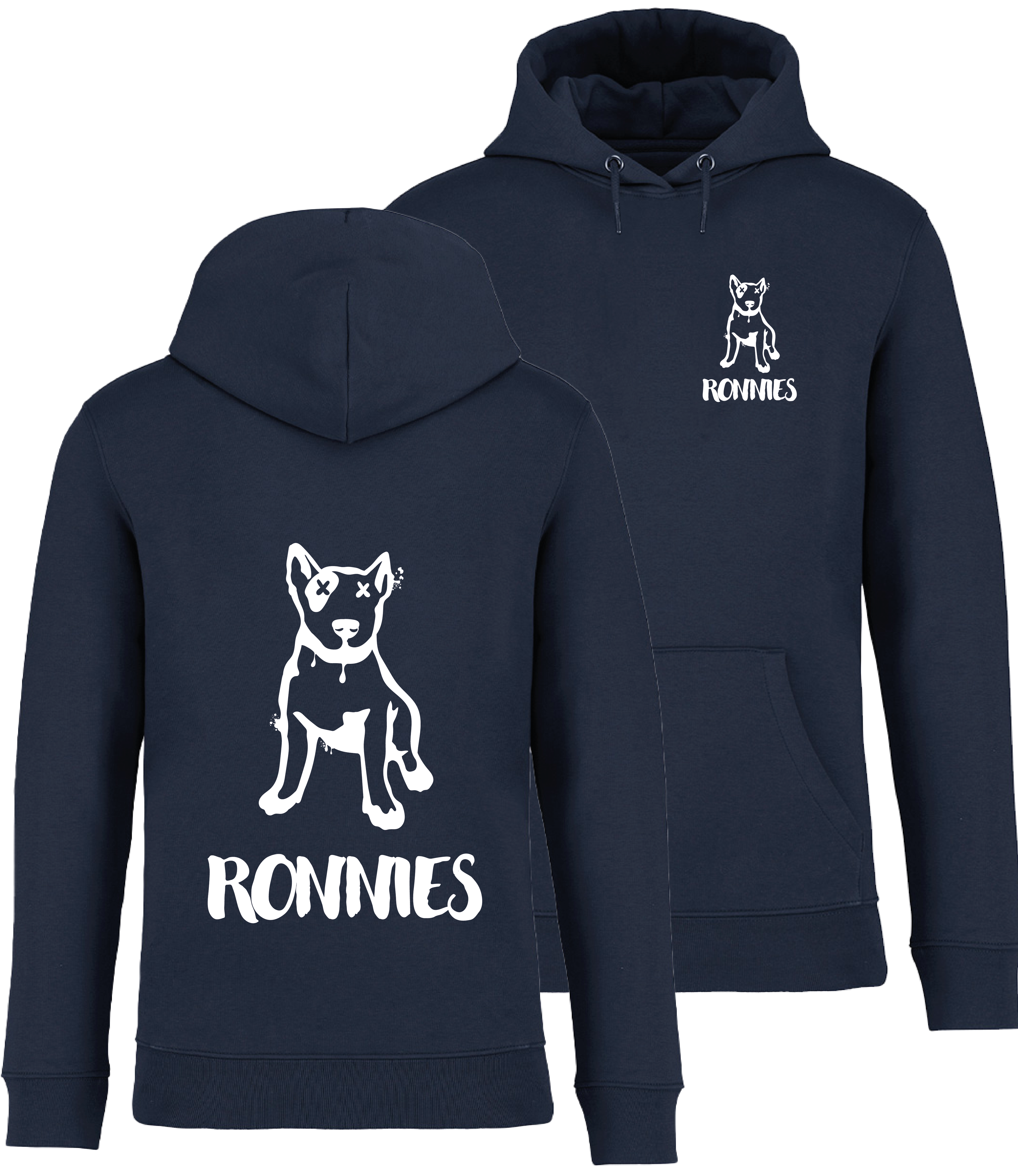 Ronnies Casuals Navy Blue Hoodie printed with a small English bull terrier dog drawing with Ronnies written underneath and the same image on the back much bigger
