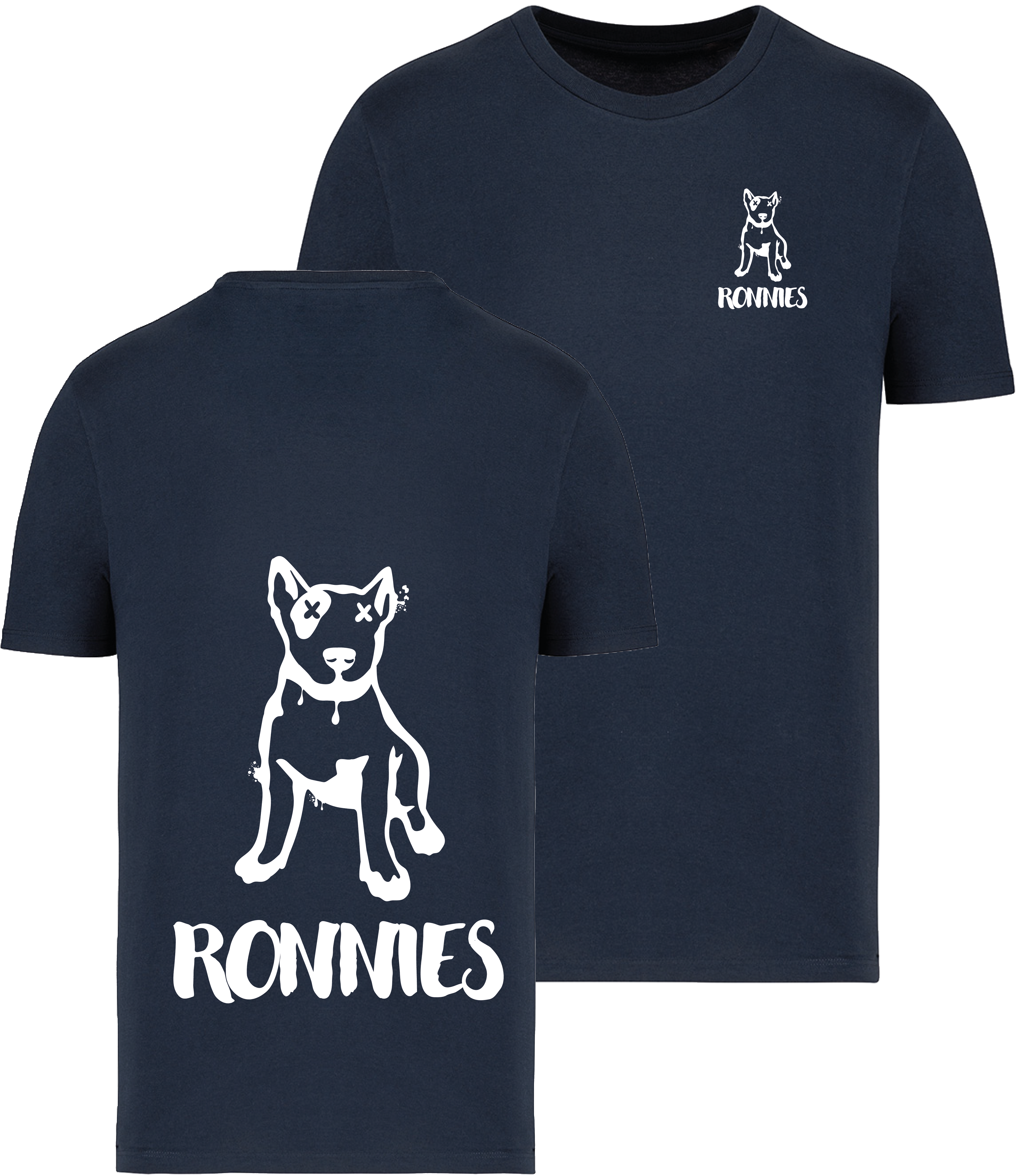 Ronnies Casuals Navy Blue T-Shirt printed with a small English bull terrier dog drawing with Ronnies written underneath and the same image on the back much bigger