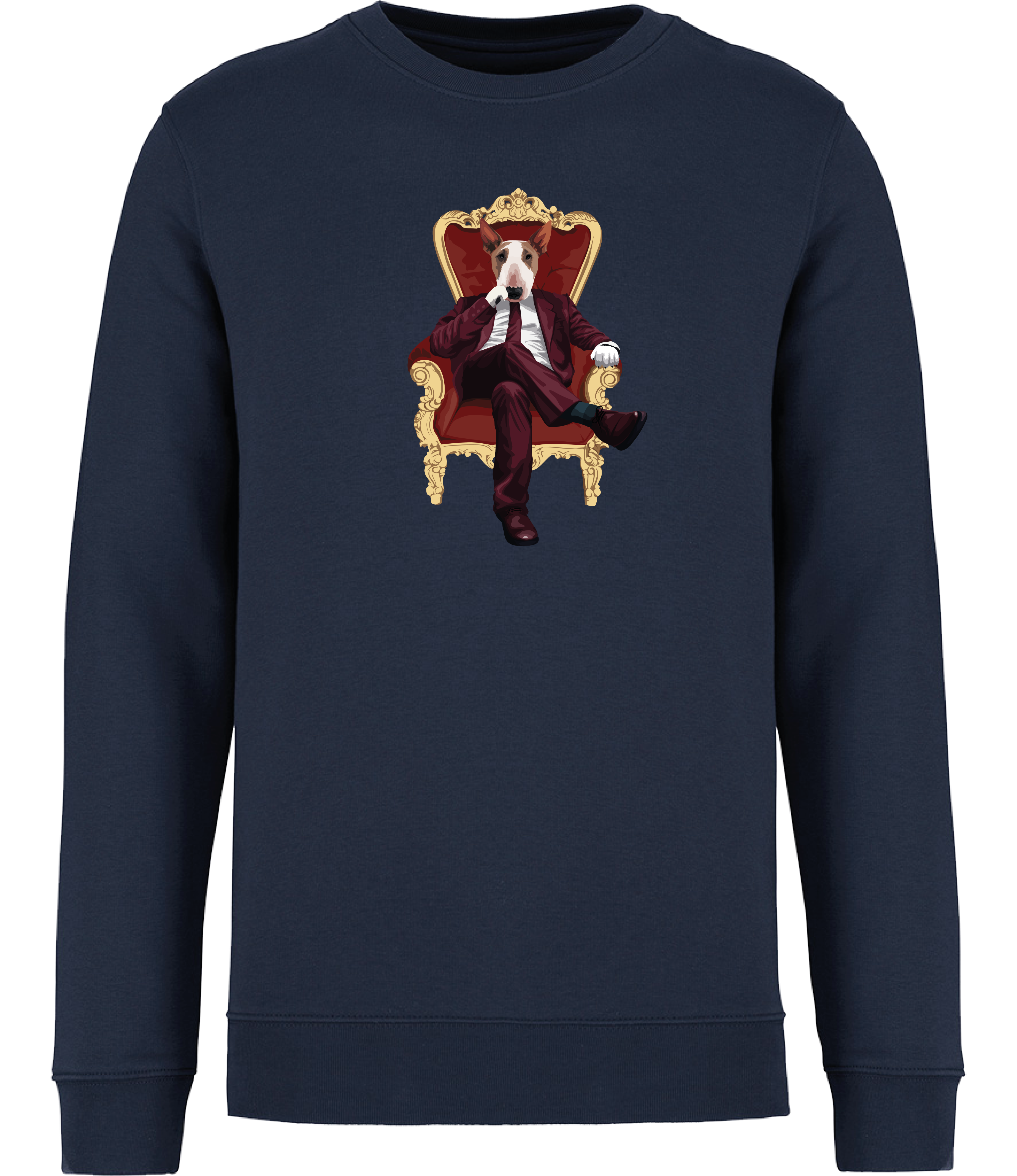 Navy Blue Sweatshirt printed with and English Bull Terrier Dog wearing a red suit and tie sitting in a big gold and red throne type chair