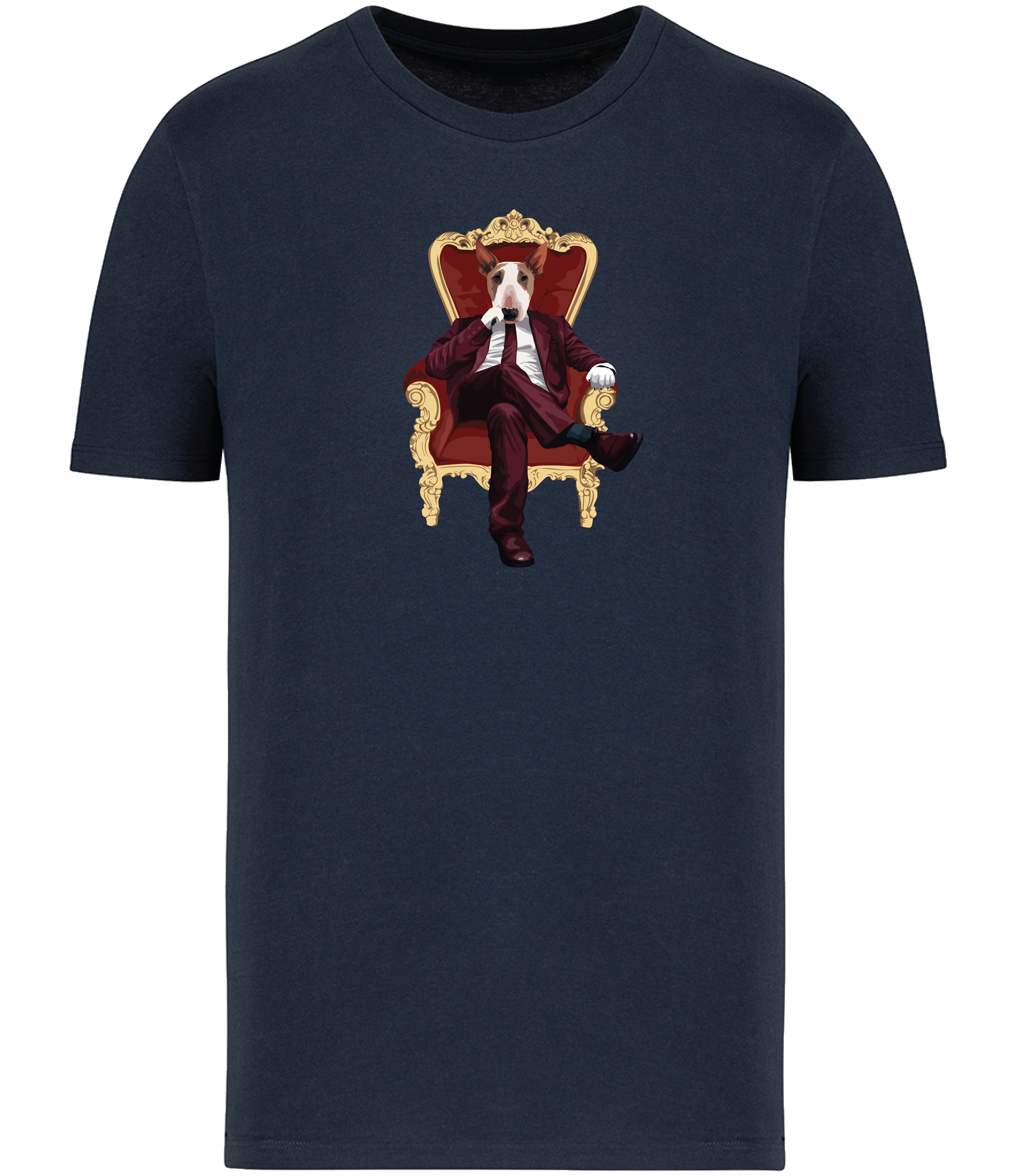 Navy Blue T-shirt printed with and English Bull Terrier Dog wearing a red suit and tie sitting in a big gold and red throne type chair