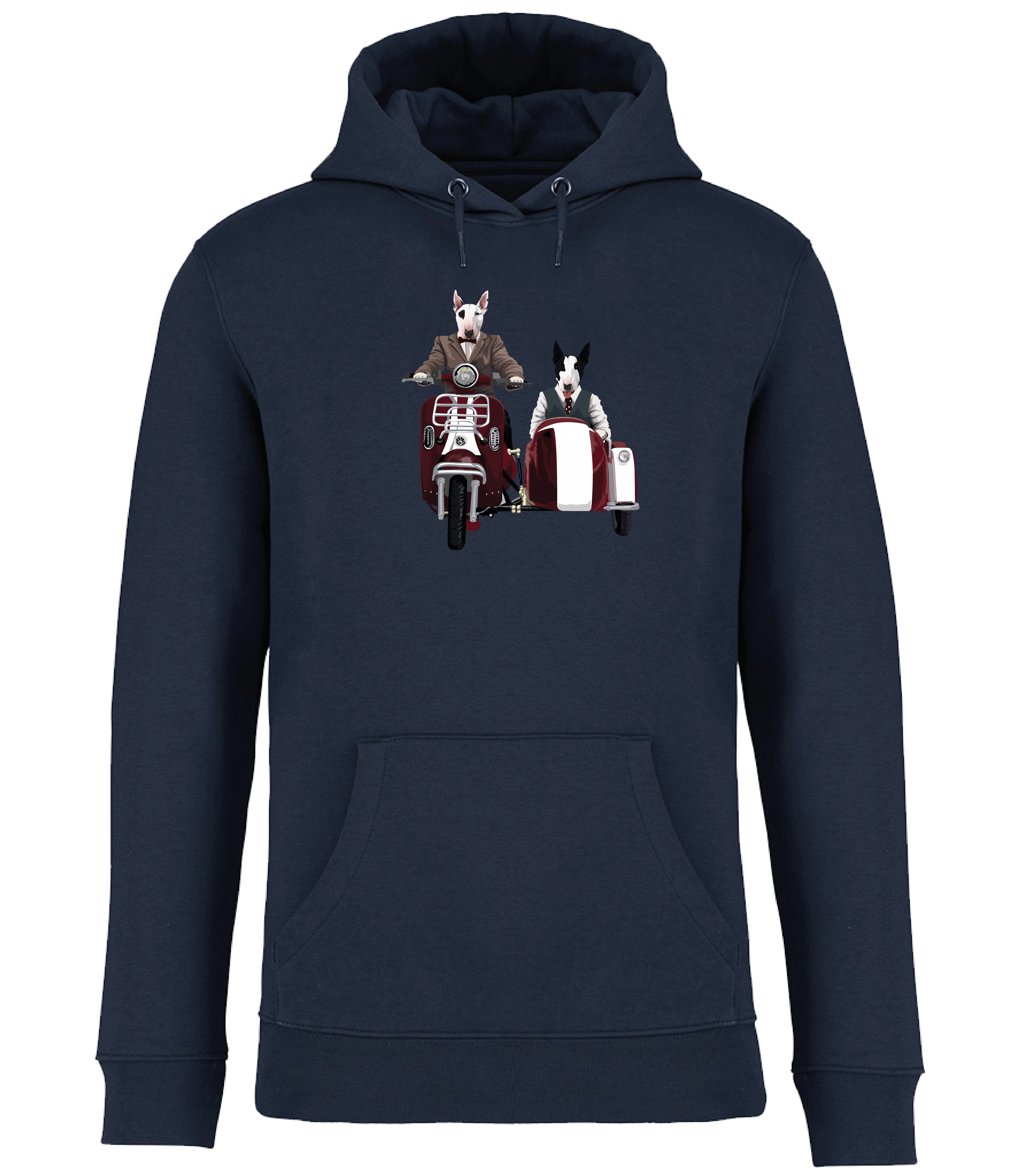 Navy Blue Hoodie printed with an English Bull Terrier riding a Motorcycle and side car and another English Bull Terrier riding in the sidecar 
