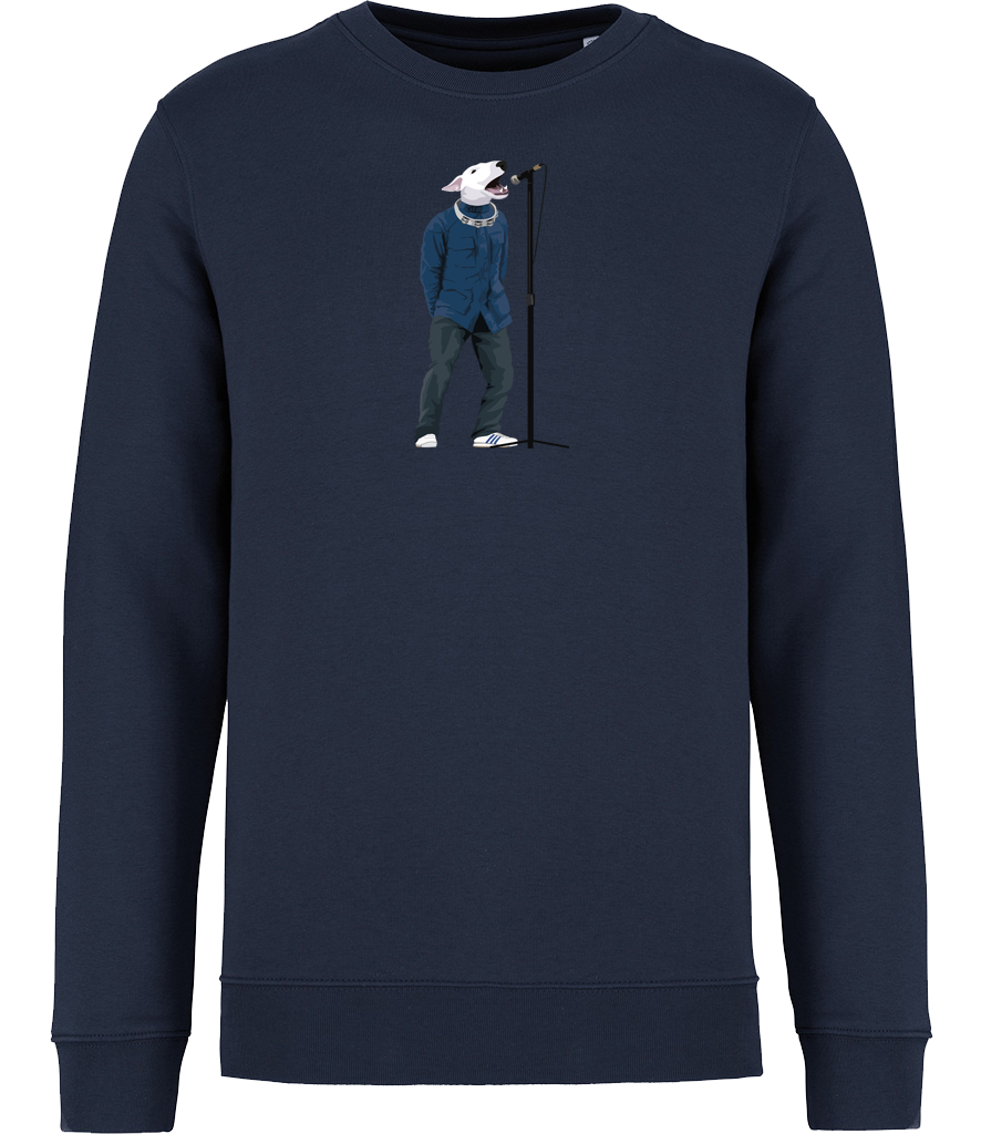 Navy Blue Sweatshirt printed with an English Bull Terrier Dog wearing a blue jacket, jeans and trainers. A tambourine round his neck singing into a microphone