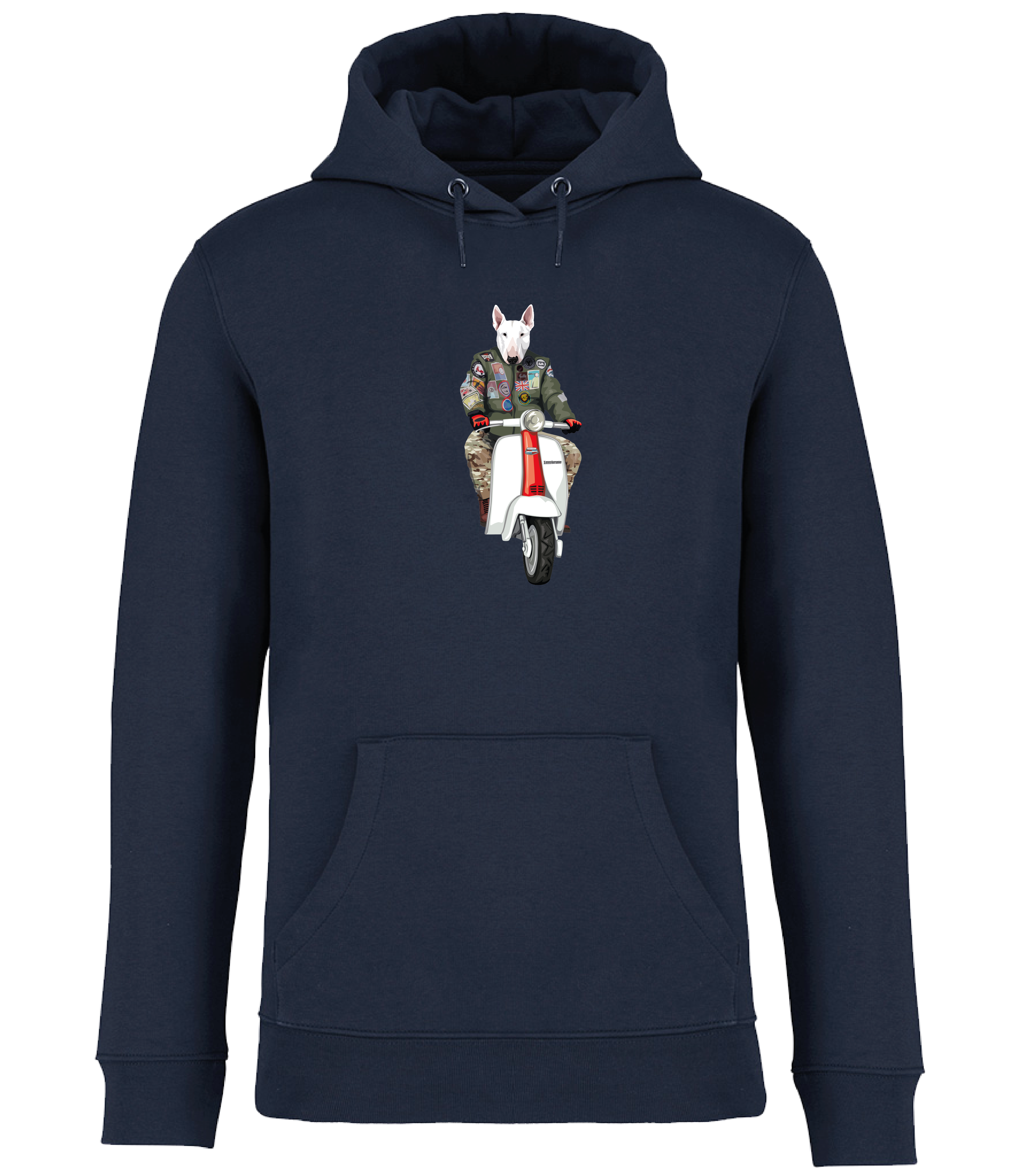 Ronnies Casuals Navy Blue Hoodie printed with an English Bull Terrier Dog wearing a flight jacket riding a Scooter 