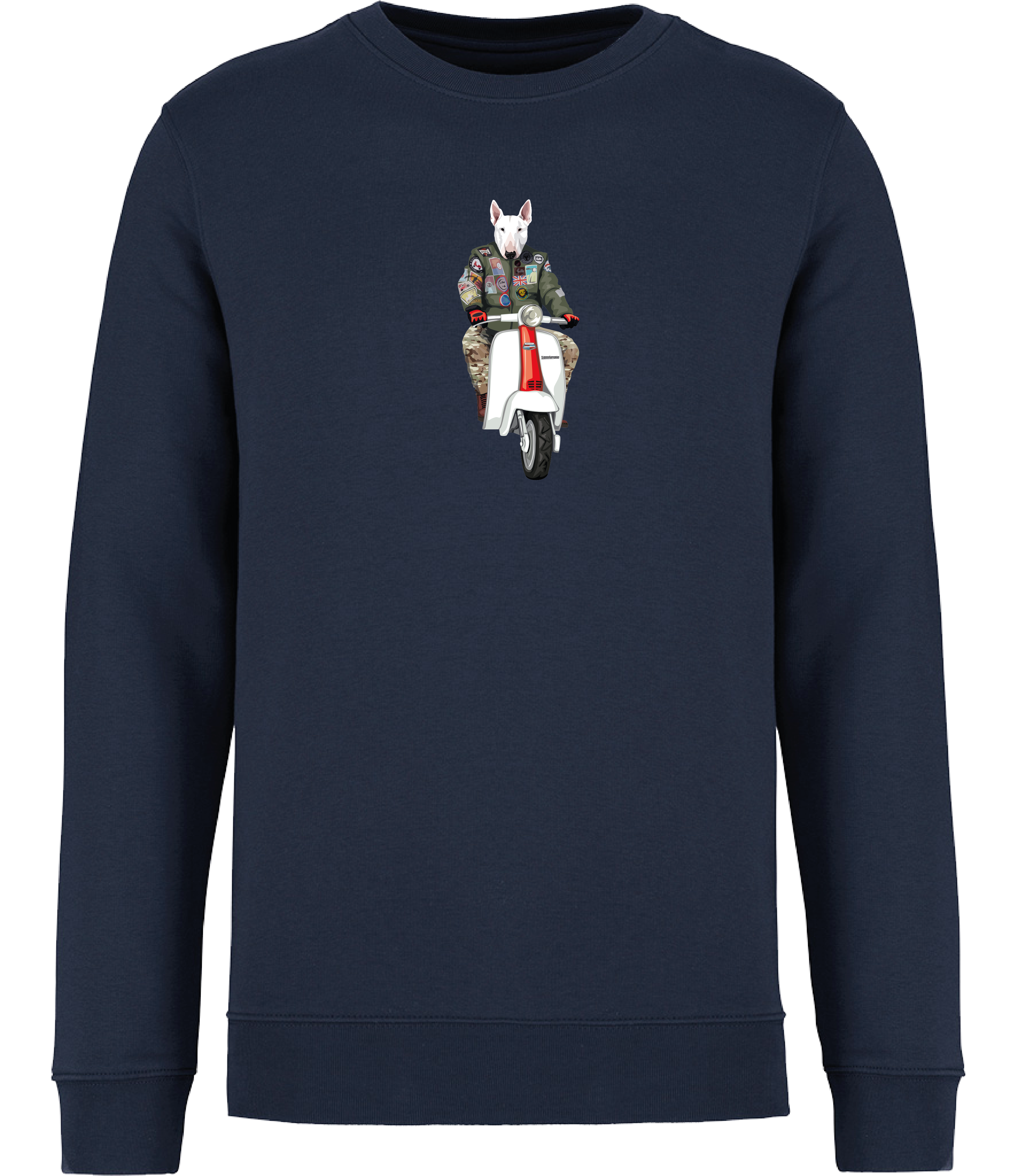 Ronnies Casuals Navy Blue Sweatshirt printed with an English Bull Terrier Dog wearing a flight jacket riding a Scooter 