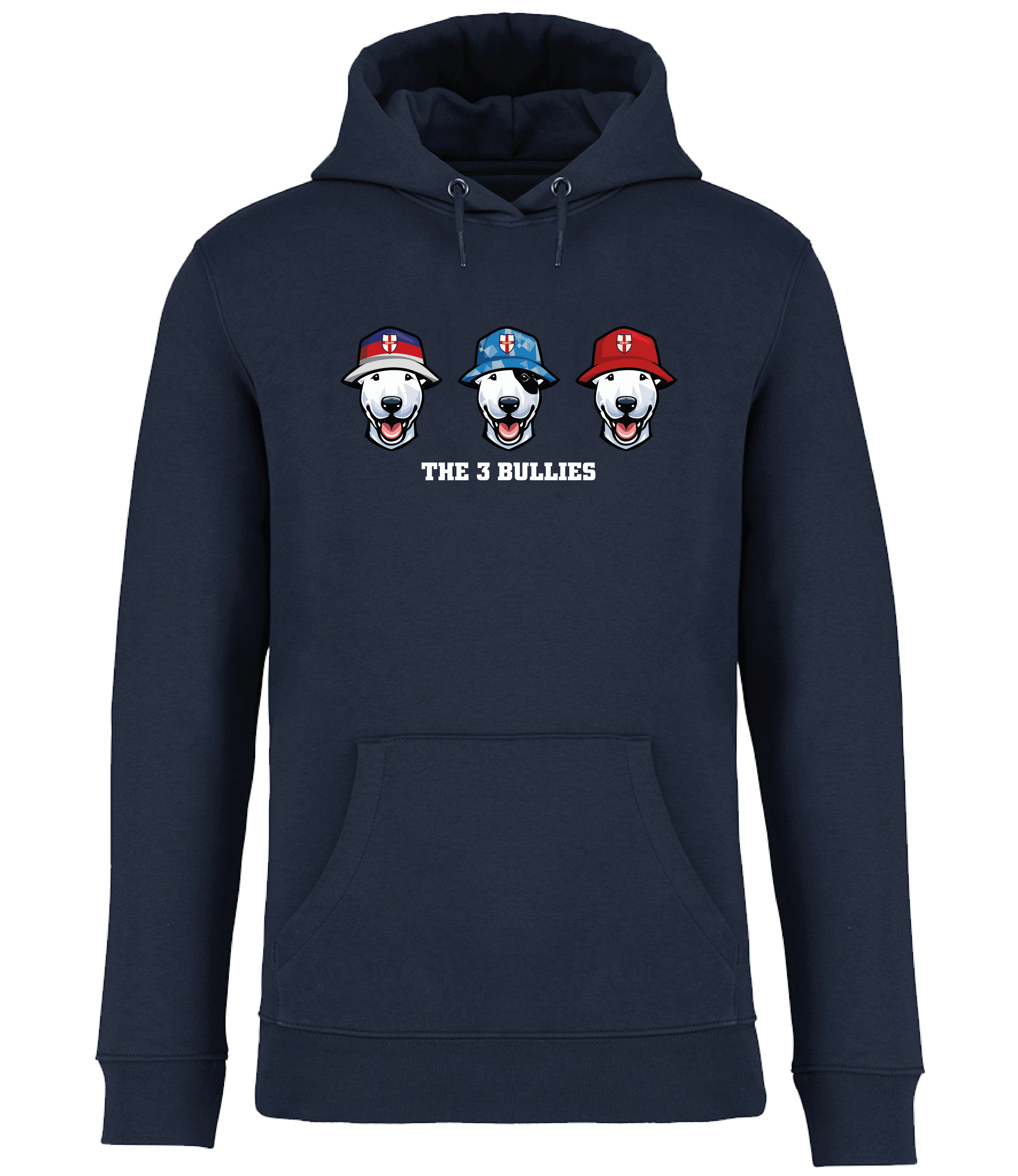 Navy Blue Hoodie printed by Ronnies Casuals with 3 English Bull Terrier Heads wearing Bucket hats decorated with St Georges flags and The 3 Bullies written underneath