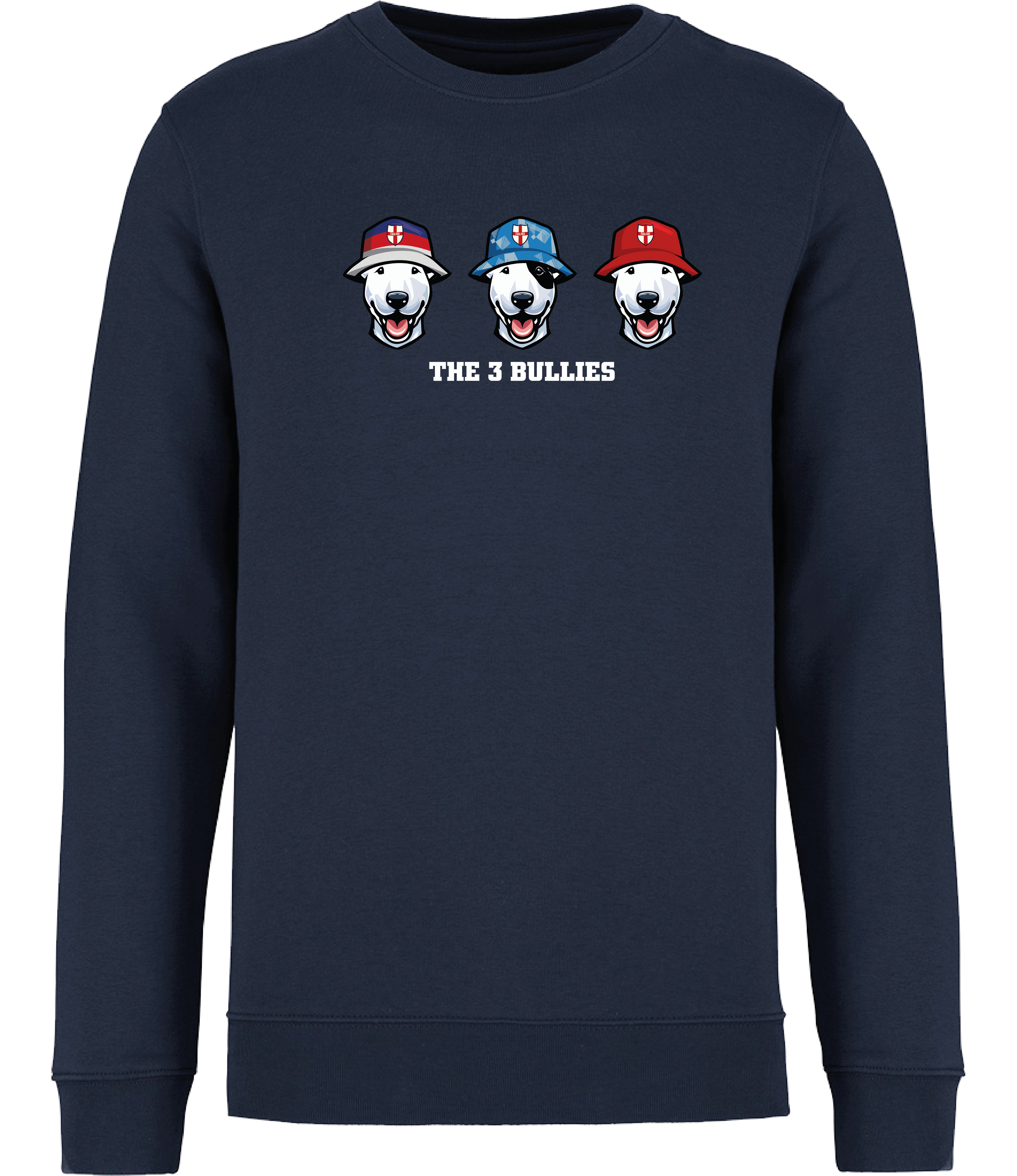 Ronnies Casuals Navy Blue Sweatshirt printed with 3 English Bull Terrier Heads wearing Bucket hats decorated with St Georges flags and The 3 Bullies written underneath