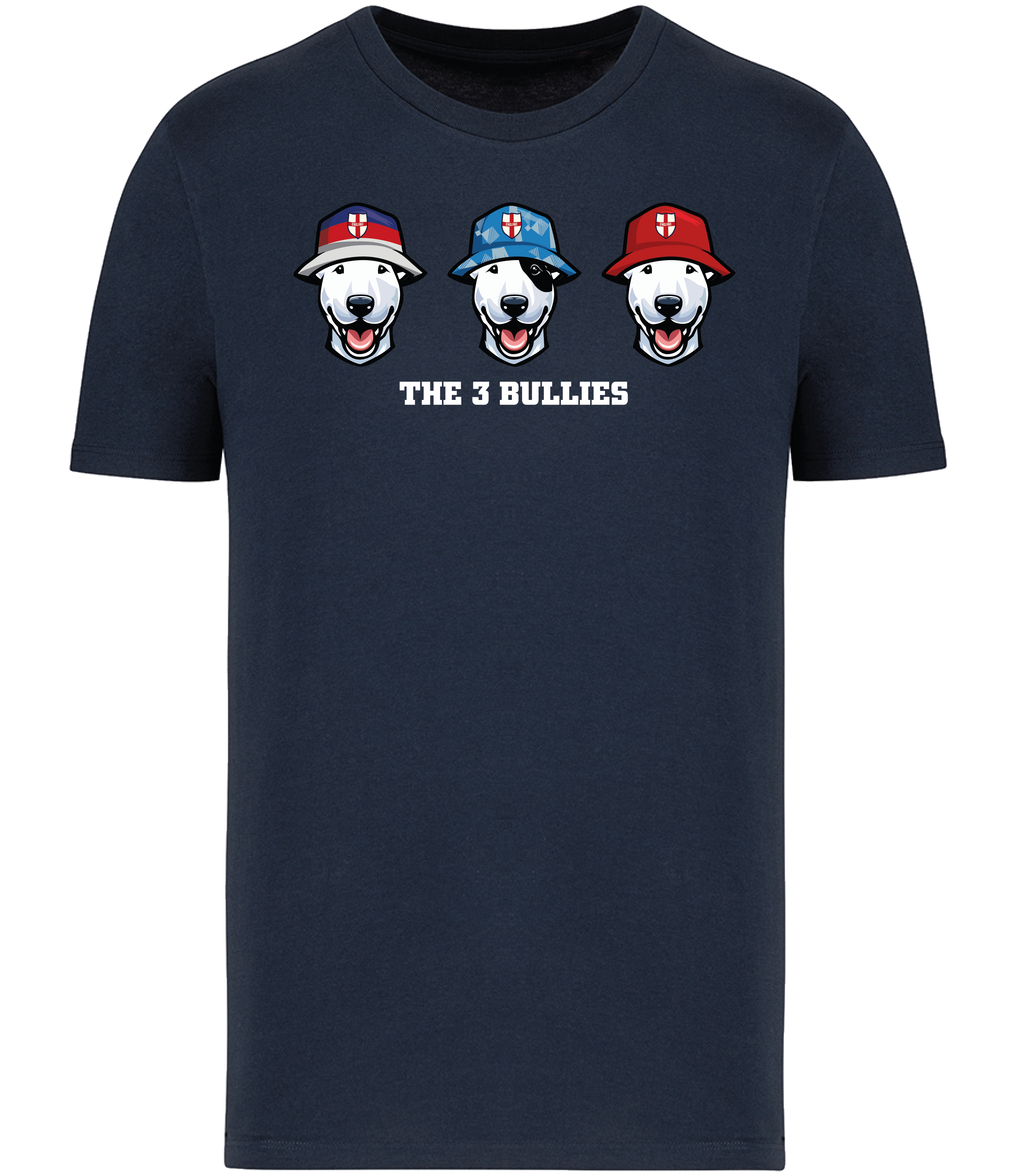 Navy Blue T-shirt printed with 3 English Bull Terrier Heads wearing Bucket hats decorated with St Georges flags and The 3 Bullies written underneath