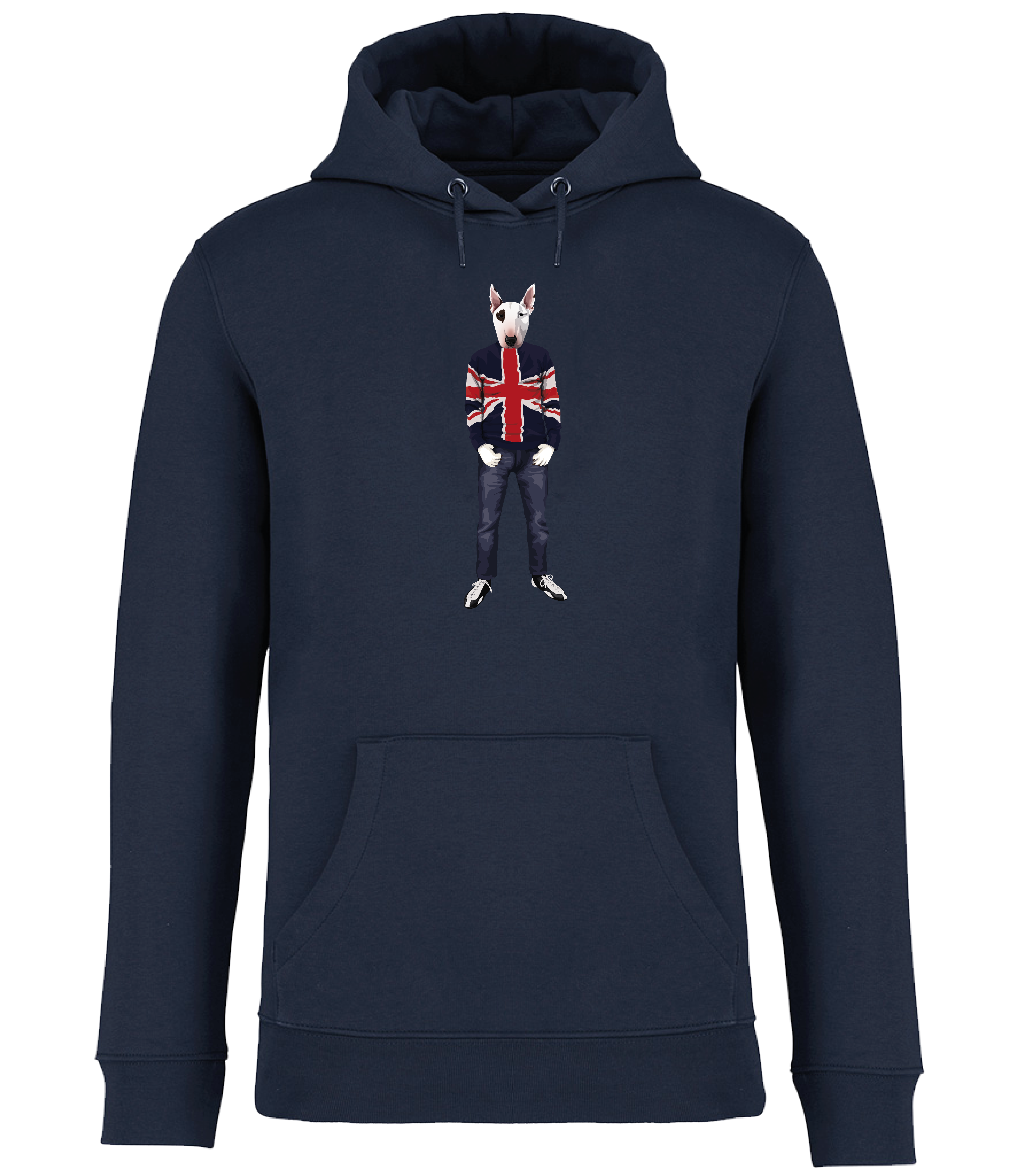 Navy Blue Hoodie printed with an English Bull Terrier Dog with an eye patch wearing a Union Jack jumper, jeans and trainers