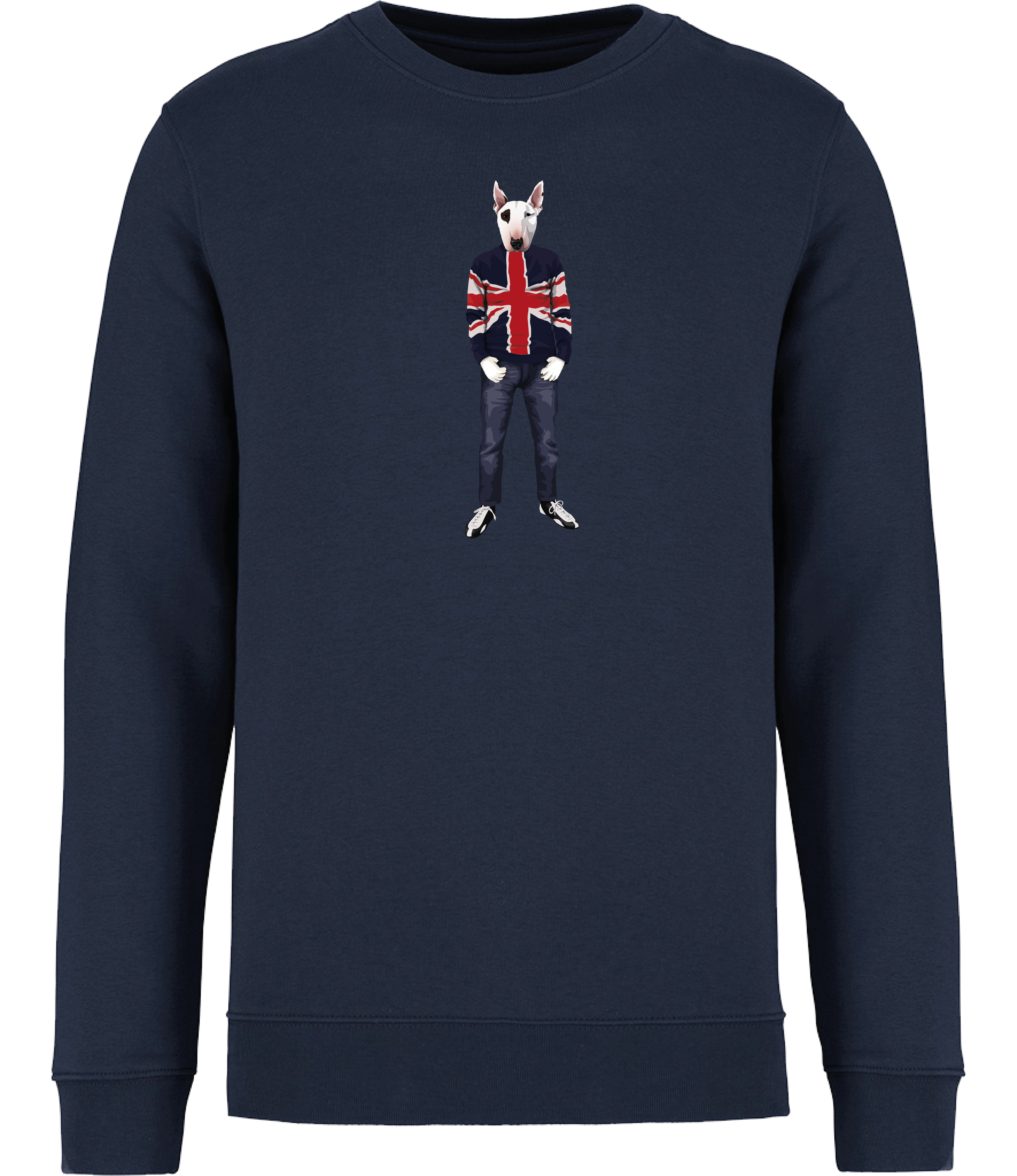 Navy Blue Sweatshirt printed with an English Bull Terrier Dog with an eye patch wearing a Union Jack jumper, jeans and trainers