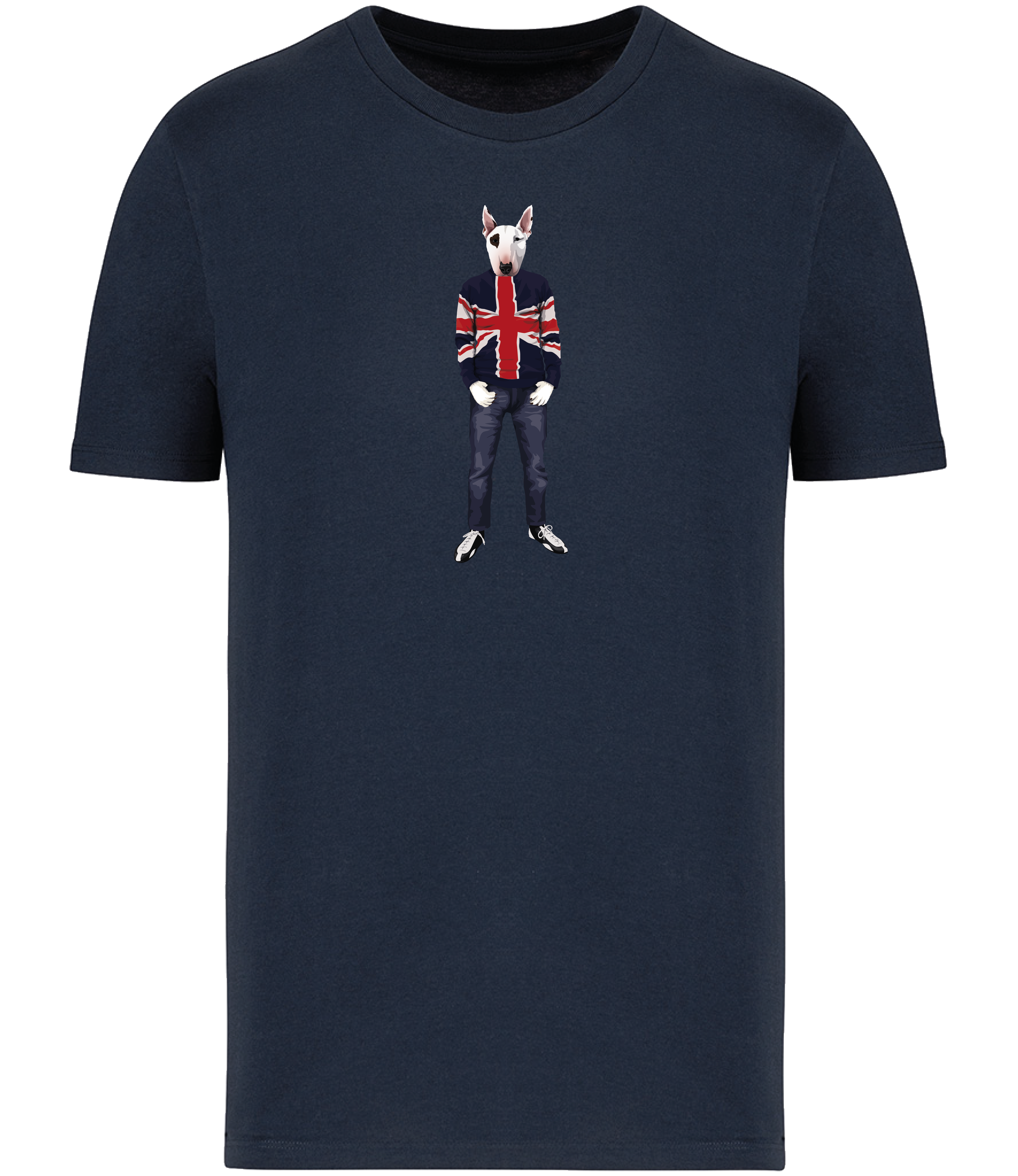 Navy Blue T-shirt printed with an English Bull Terrier Dog with an eye patch wearing a Union Jack jumper, jeans and trainers