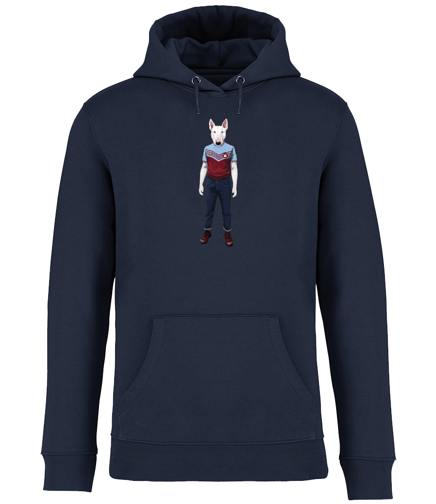 Navy Blue Hoodie printed with an English Bull Terrier Dog wearing a West Ham Football Top, Jeans and Boots