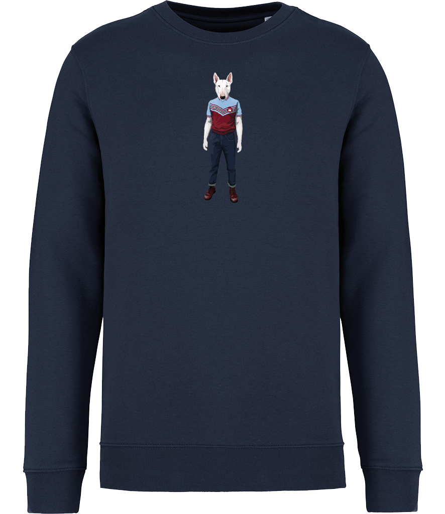 Navy Blue Sweatshirt printed with an English Bull Terrier Dog wearing a West Ham Football Top, Jeans and Boots
