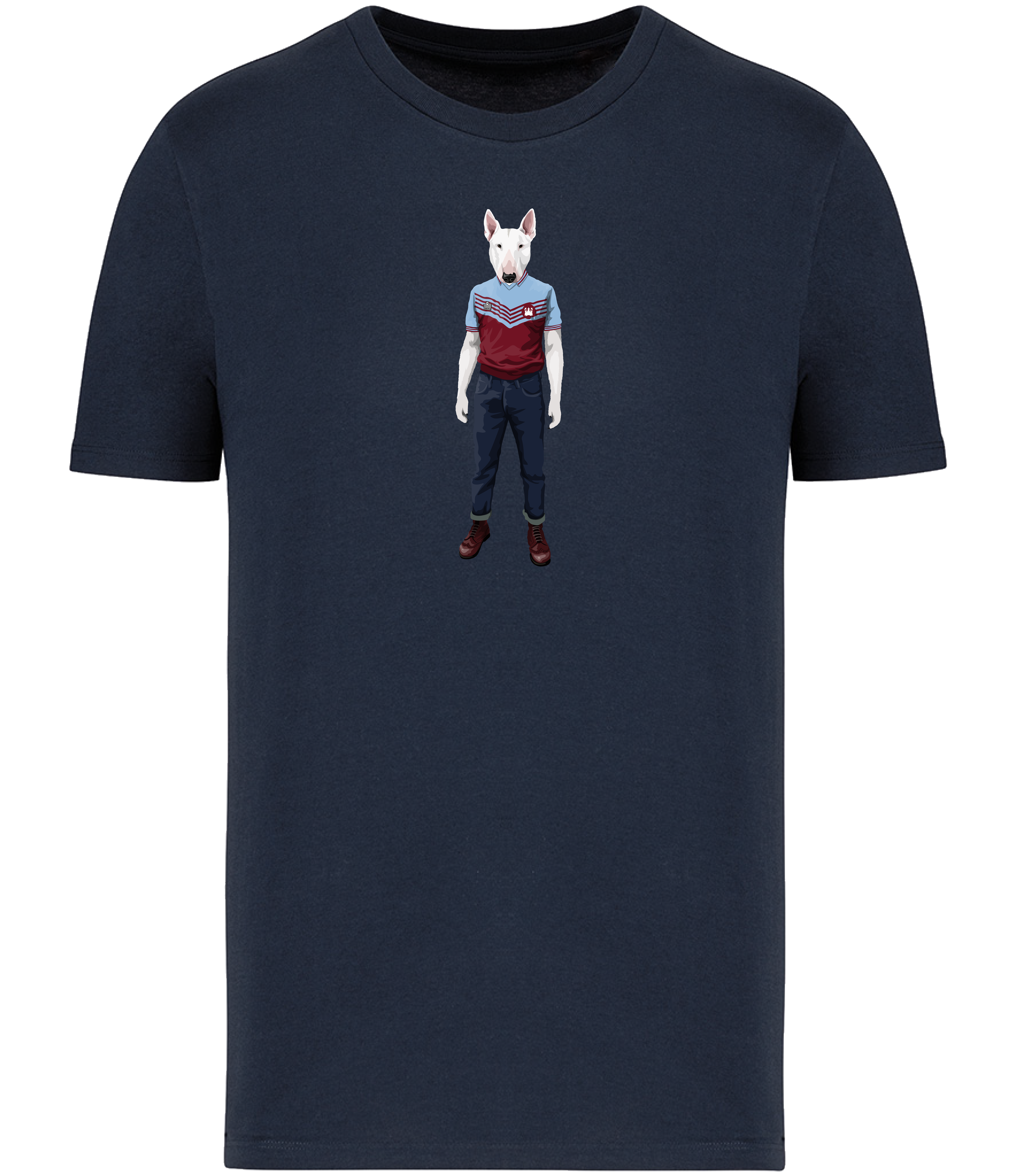 Navy Blue T-shirt printed with an English Bull Terrier Dog wearing a West Ham Football Top, Jeans and Boots