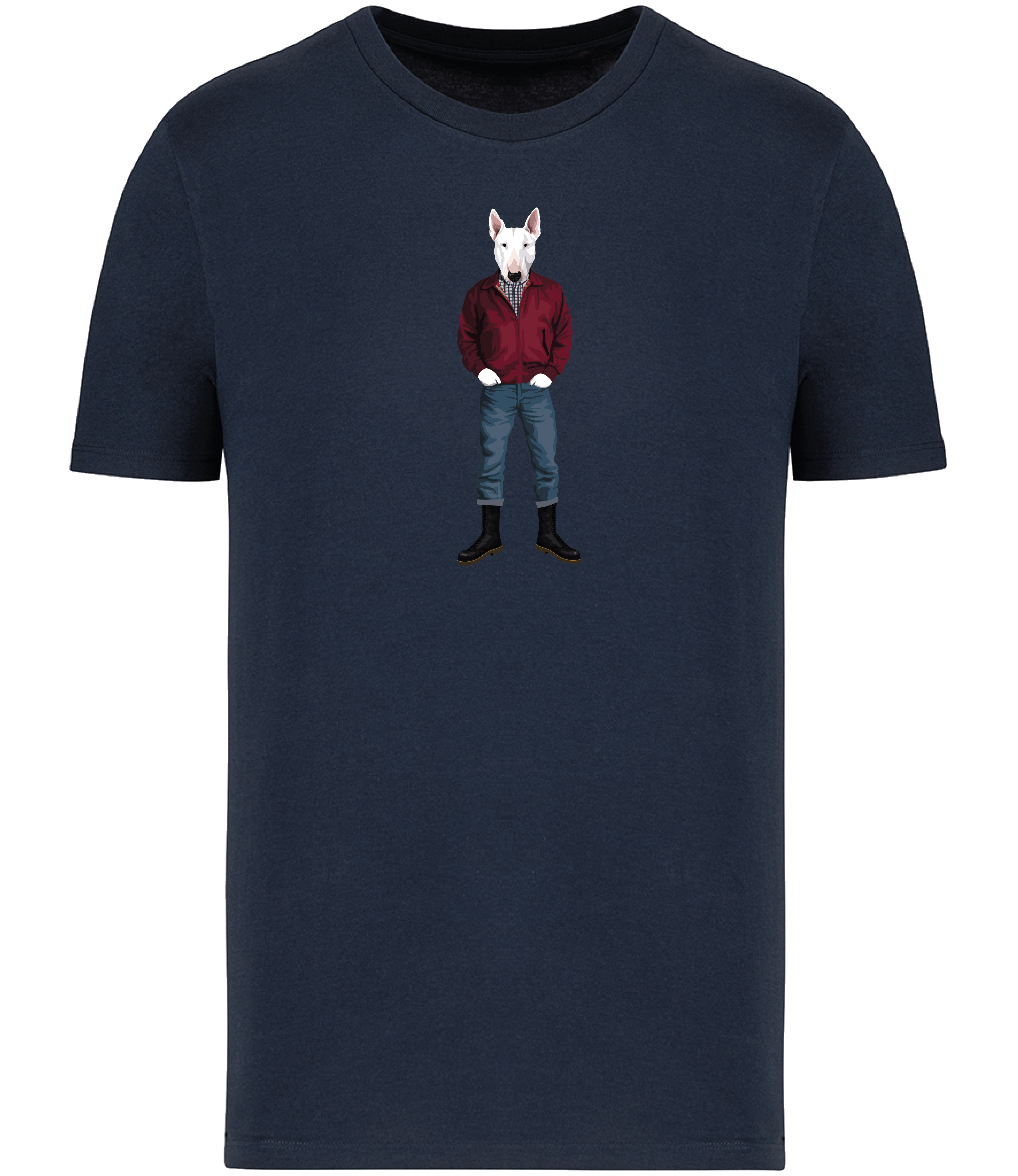 Navy Blue T-shirt printed with an English Bull Terrier Dog wearing a red jacket, rolled up jeans and boots