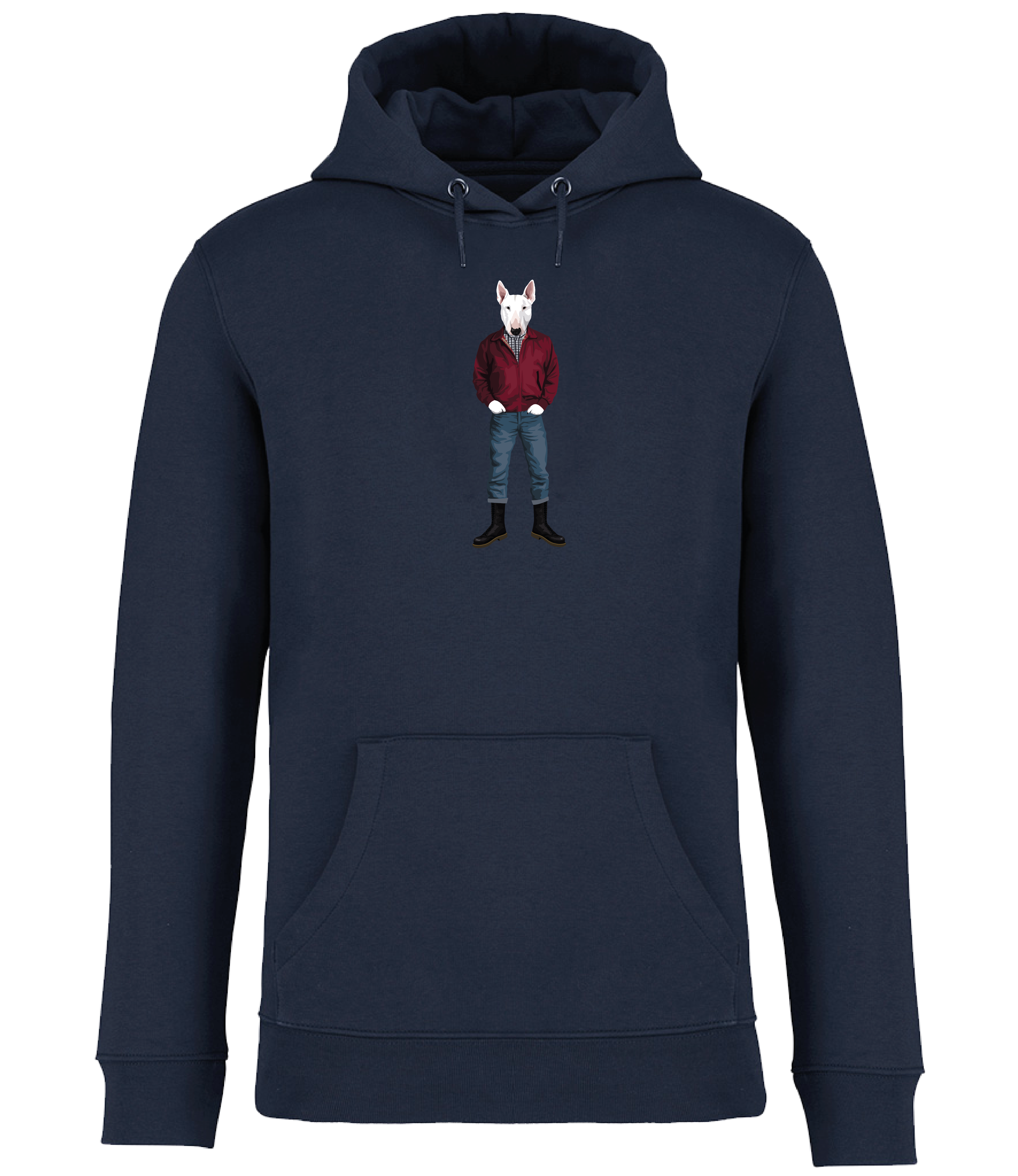 Navy Blue Hoodie printed with an English Bull Terrier Dog wearing a red jacket, rolled up jeans and boots