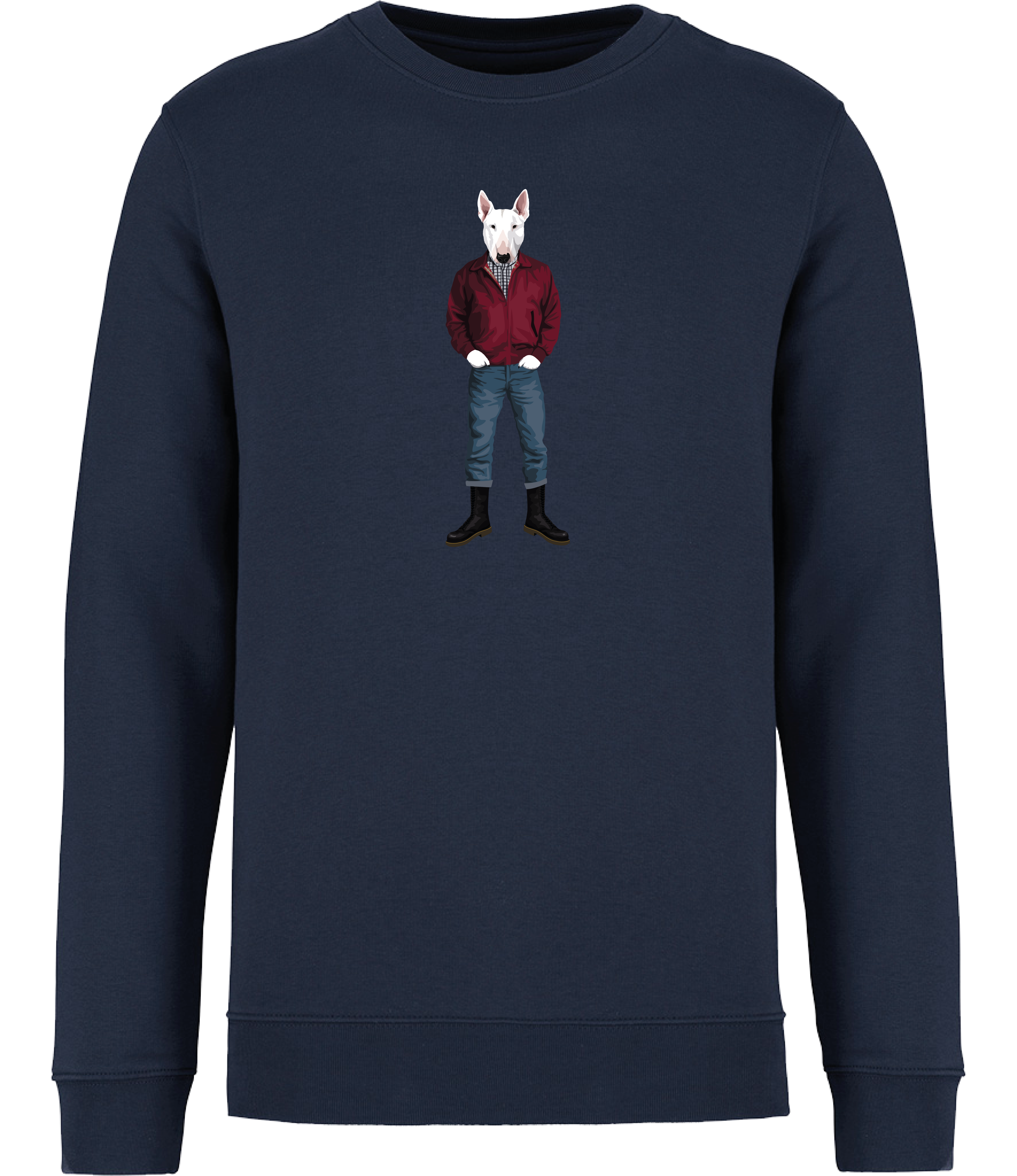 Navy Blue Sweatshirt printed with an English Bull Terrier Dog wearing a red jacket, rolled up jeans and boots