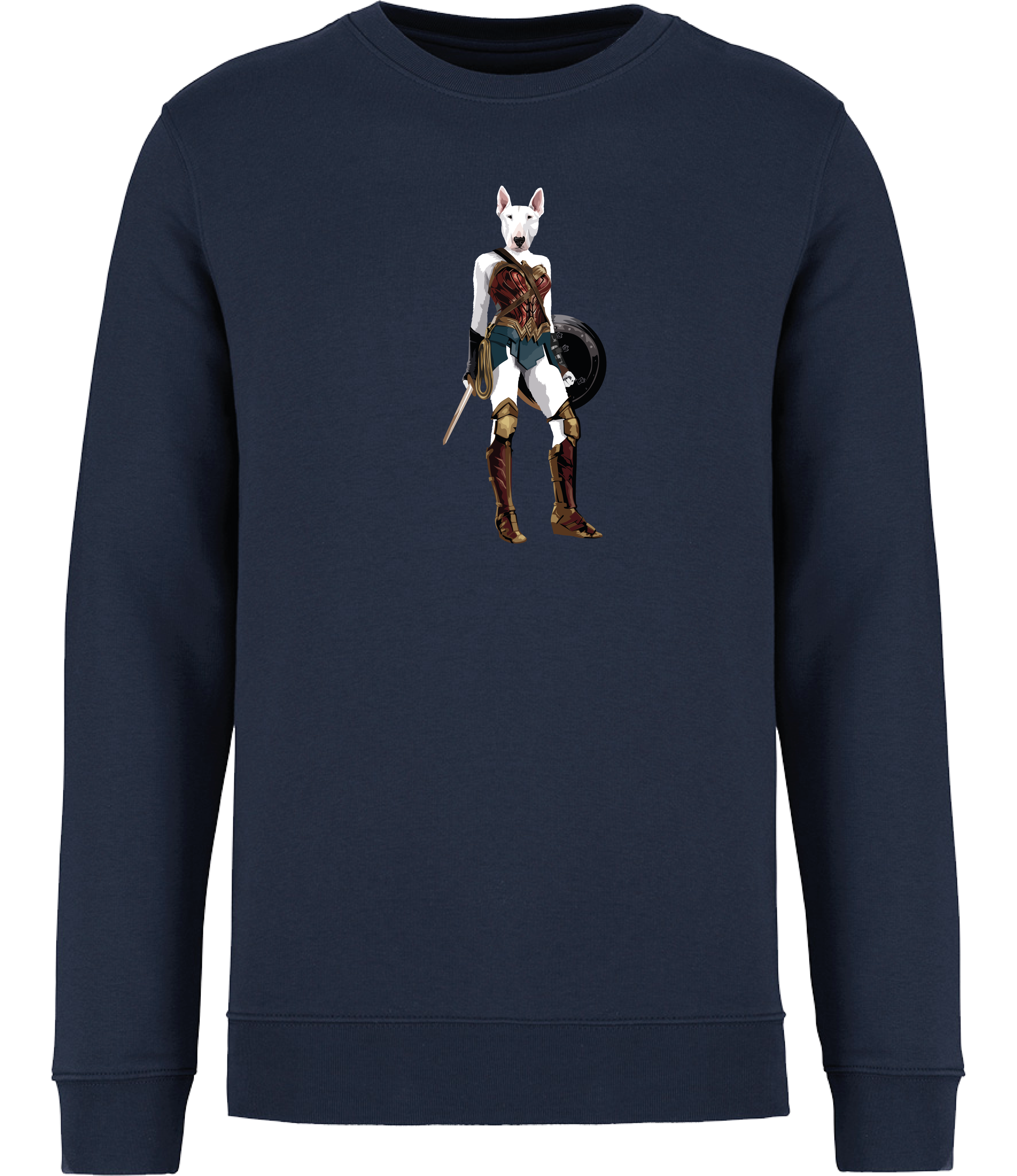 Navy Blue Sweatshirt printed with an English Bull Terrier Dog dressed up as Wonder Woman holding a shield and sword