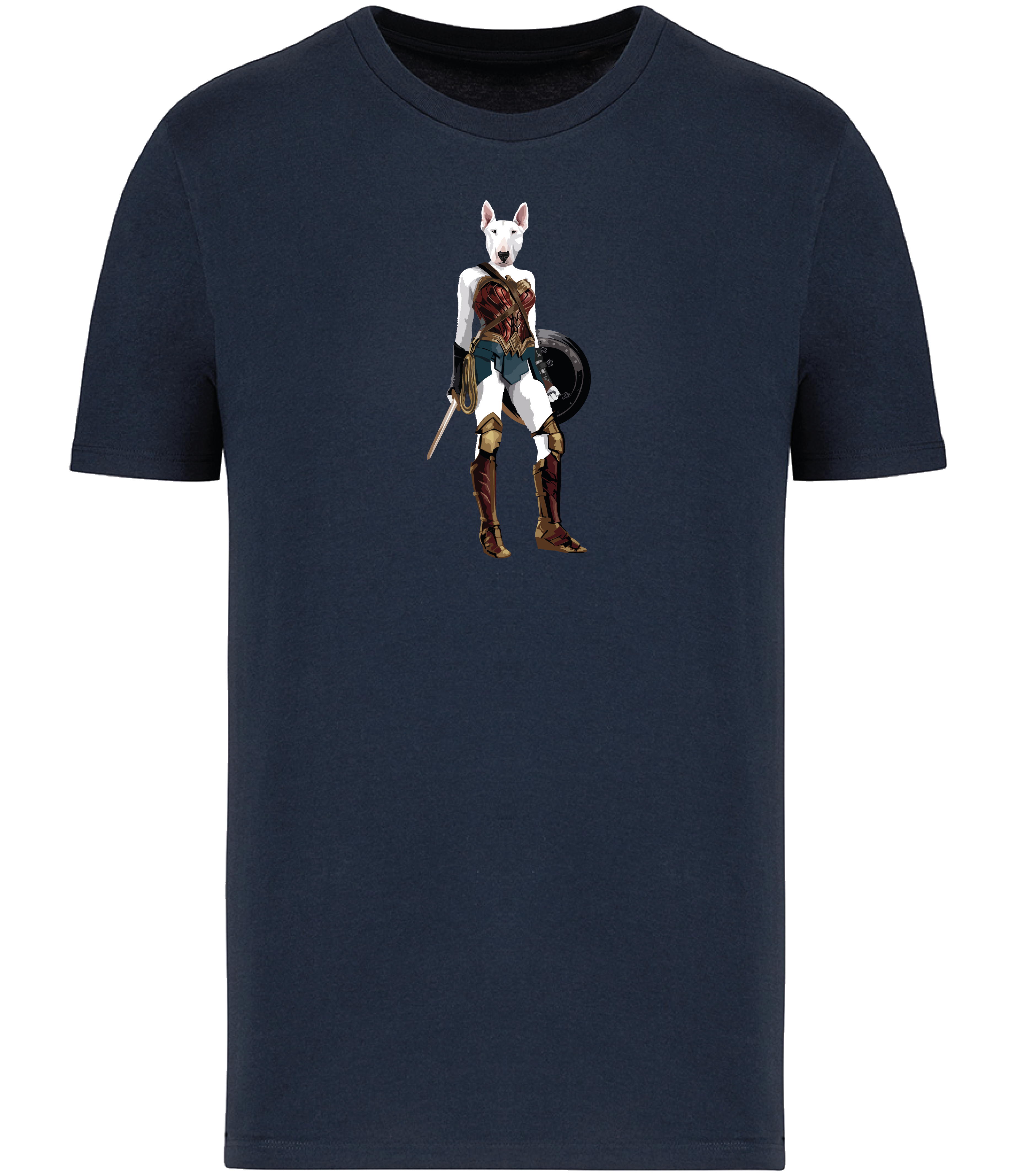 Ronnies Casuals Navy Blue T-shirt printed with an English Bull Terrier Dog dressed up as Wonder Woman holding a shield and sword